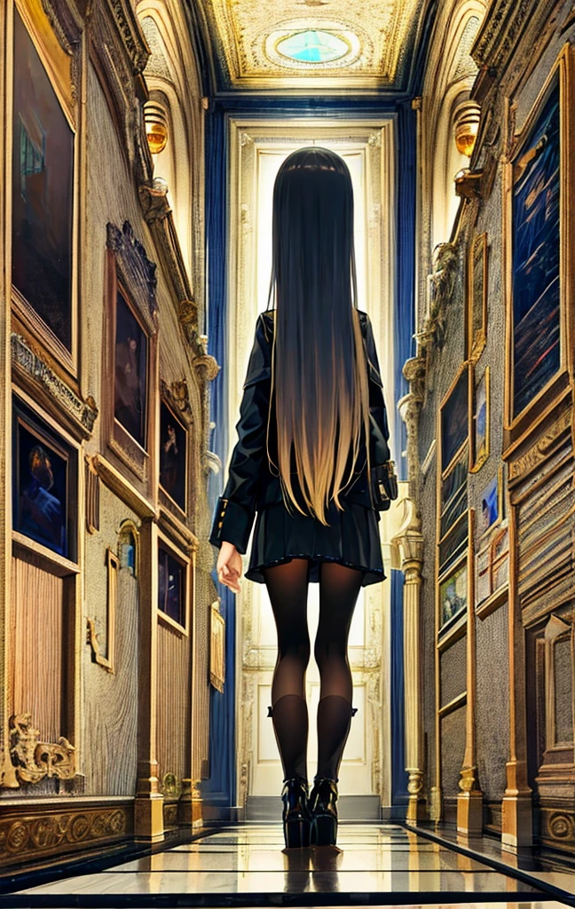 masterpiece, Highest quality, ultra-detaileded, city, street, Gothic, steampunk, figure, One girl, (alone), Platinum Long Hair, boots, From behind, Vintage, antique, brass, Metal, gear, mechanical, Brilliant, elegant, Classic, Sophisticated, Sophisticated, Ready, Contemplative, Thoughtful, Curious, mysterious, Mysterious, Magic, Cautious, intellectual, Book lover, Contrast, perspective, depth, texture, detailed, リアrhythm, Impressionist, Expressionistic, Abstract, Surreal, Innovative, Experimental, Individuality, atmosphere, atmosphere, feeling, Nostalgia, historic, cultural, Technical, industrial use, Fantasy, imagine, creativity, Artistry, Craftsmanship, skill, Accuracy, detailed, composition, balance, Harmony, rhythm, colorful, dark, reflection, refraction, prospect, Middle Way, background, Vanishing Point, horizon, focus, Naturalistic, Figurative, Expressive,