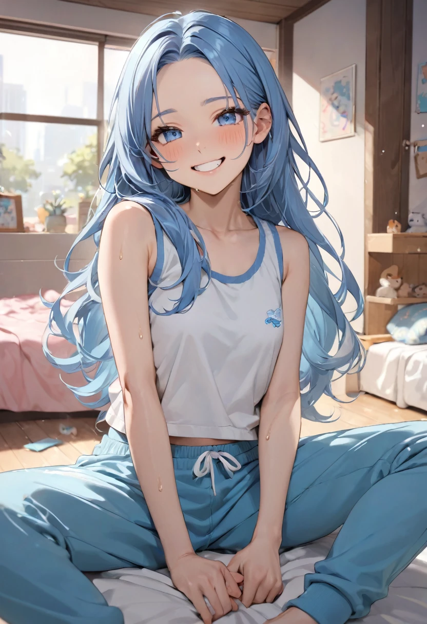 (relax style) (sitting, spread legs, crossed ankles), (soro:2, 15 yo, forehead blue hair long hair cute girl, lovely blue eyes, grin smile, love smile), in a casual tank top, Sweat pants, break, in the cute bedroom, BREAK, perfect anatomy, masterpiece, best quality, 16k, beautiful detailed grow, daydreaming expression.