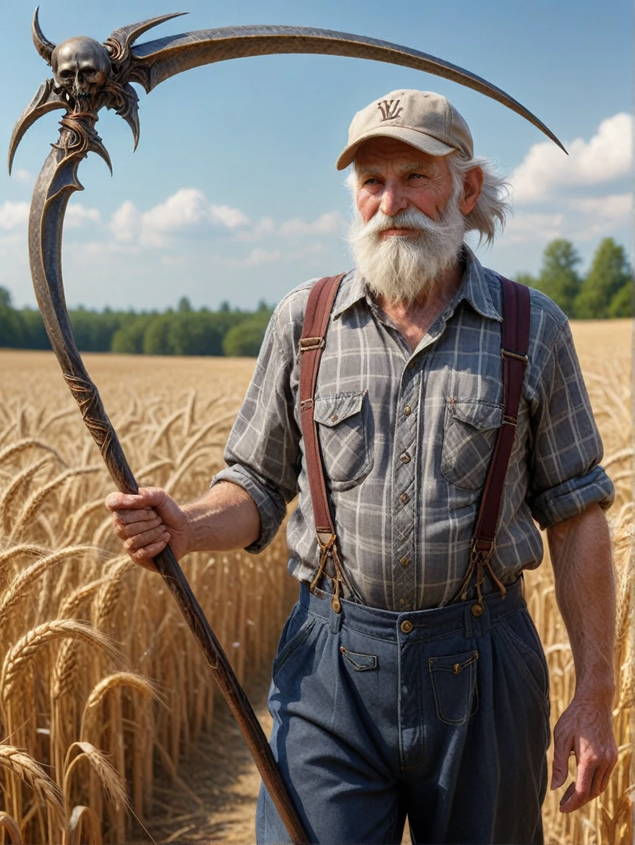 picture of wise old farmer man tired beard  cap plaid shirt pants with suspenders holding Scythe in Wheat field Summer day  text above head "LV. 80"