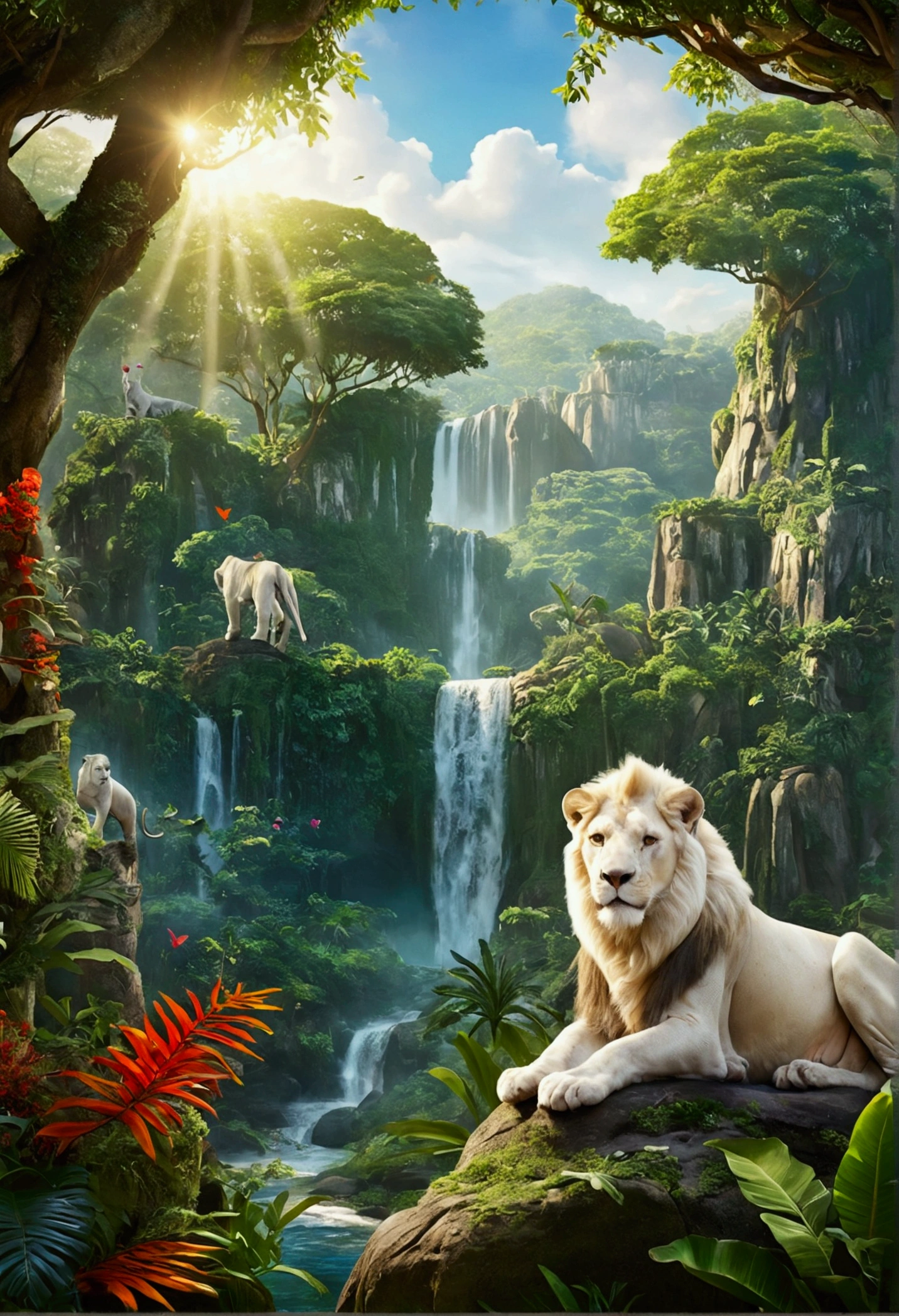 A vibrant and colorful jungle scene inspired by the world of "Jungle Emperor Leo" (Kimba the White Lion). In the center, a majestic white lion stands proudly on a rocky outcrop, looking over the lush and vibrant jungle below. Surrounding the lion are various animals such as zebras, giraffes, and elephants, coexisting peacefully in the dense greenery. The jungle is full of towering trees, exotic plants, and blooming flowers. Bright sunlight filters through the canopy, casting a warm and magical glow over the scene. The overall atmosphere is one of harmony, adventure, and the beauty of nature.