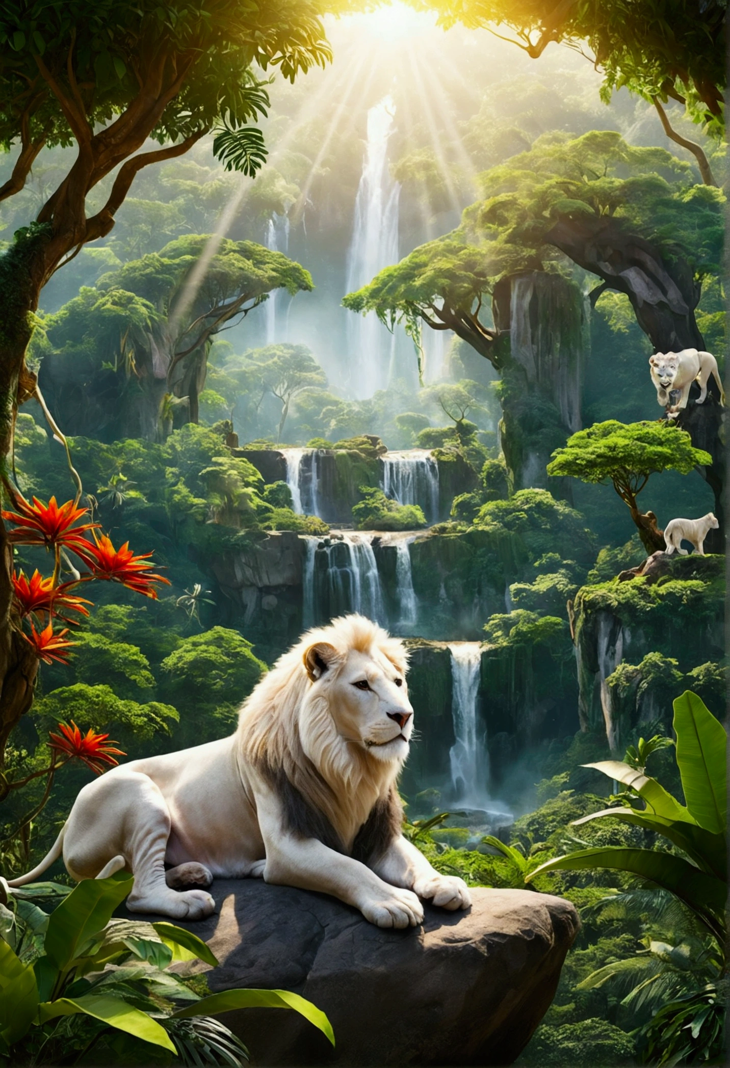 A vibrant and colorful jungle scene inspired by the world of "Jungle Emperor Leo" (Kimba the White Lion). In the center, a majestic white lion stands proudly on a rocky outcrop, looking over the lush and vibrant jungle below. Surrounding the lion are various animals such as zebras, giraffes, and elephants, coexisting peacefully in the dense greenery. The jungle is full of towering trees, exotic plants, and blooming flowers. Bright sunlight filters through the canopy, casting a warm and magical glow over the scene. The overall atmosphere is one of harmony, adventure, and the beauty of nature.