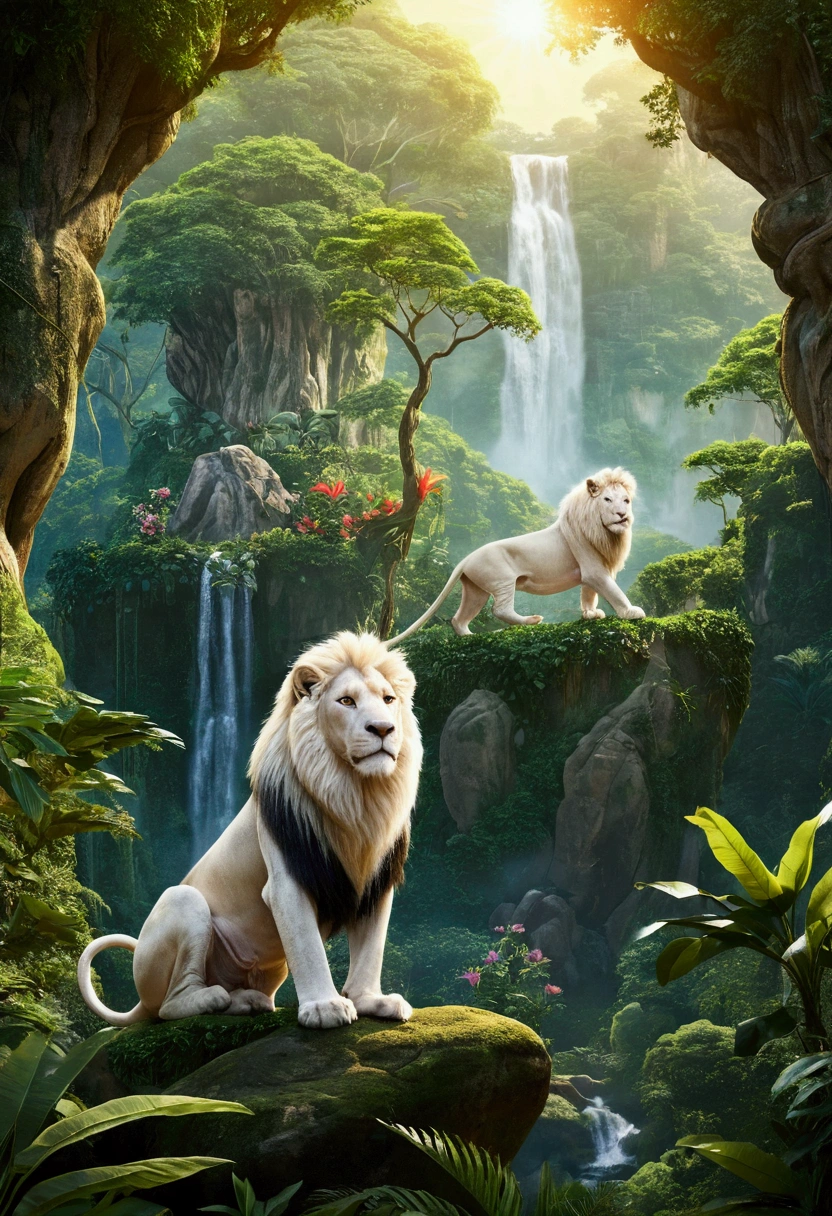 A vibrant and colorful jungle scene inspired by the world of "Jungle Emperor Leo" (Kimba the White Lion). In the center, a majestic white lion stands proudly on a rocky outcrop, looking over the lush and vibrant jungle below. Surrounding the lion are various animals such as zebras, giraffes, and elephants, coexisting peacefully in the dense greenery. The jungle is full of towering trees, exotic plants, and blooming flowers. Bright sunlight filters through the canopy, casting a warm and magical glow over the scene. The overall atmosphere is one of harmony, adventure, and the beauty of nature.