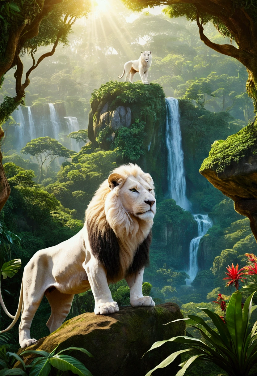A vibrant and colorful jungle scene inspired by the world of "Jungle Emperor Leo" (Kimba the White Lion). In the center, a majestic white lion stands proudly on a rocky outcrop, looking over the lush and vibrant jungle below. Surrounding the lion are various animals such as zebras, giraffes, and elephants, coexisting peacefully in the dense greenery. The jungle is full of towering trees, exotic plants, and blooming flowers. Bright sunlight filters through the canopy, casting a warm and magical glow over the scene. The overall atmosphere is one of harmony, adventure, and the beauty of nature.