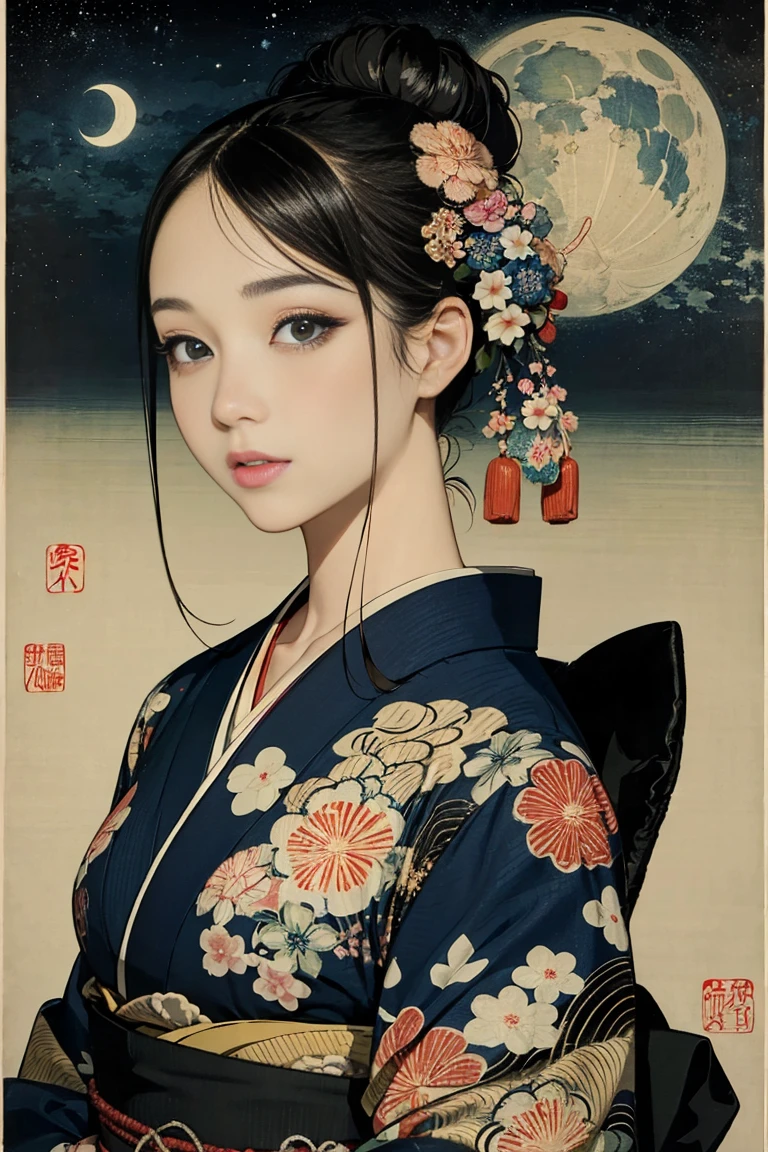 (Highest quality、 8k 、masterpiece、High resolution)、(whole body)、Vibrant colors、Brown-black bob、Traditional round topknot、Ample breasts、(Highly detailed face and eyes、Beautiful Face、Beautiful Eyes、Beautiful nose、Pretty lips)、Detailed Art,(Japanese painting), (Beautiful woman in kimono),(Vivid floral patterned kimono), background、river、bridge、Mountain、wood、Starry Sky、moon、Detailed CG、