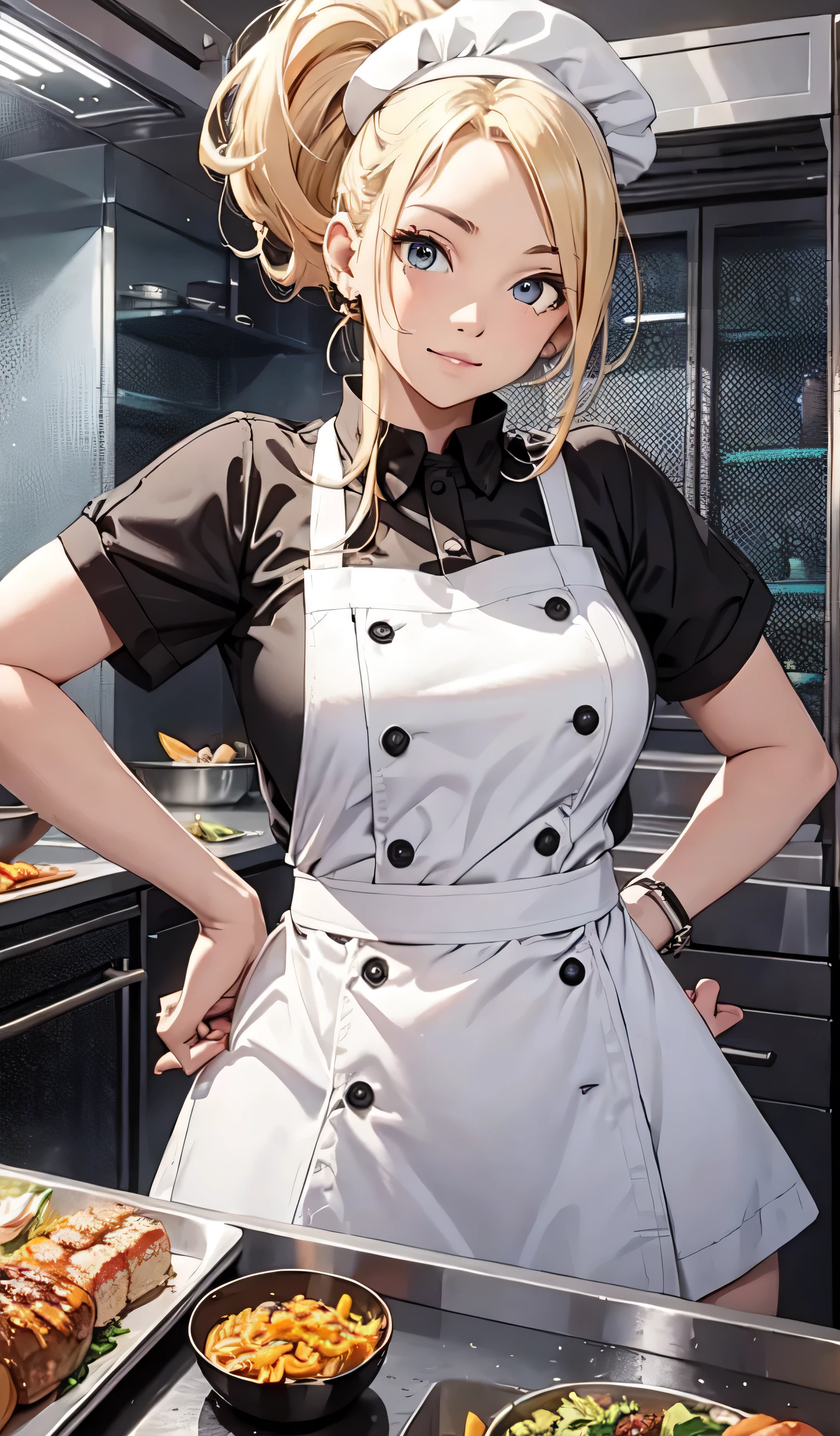 beautiful detailed girl, yellow costume, Chef in classic attire, ponytail, blonde hair, chef hat, Pose with hands together, Youthful expression