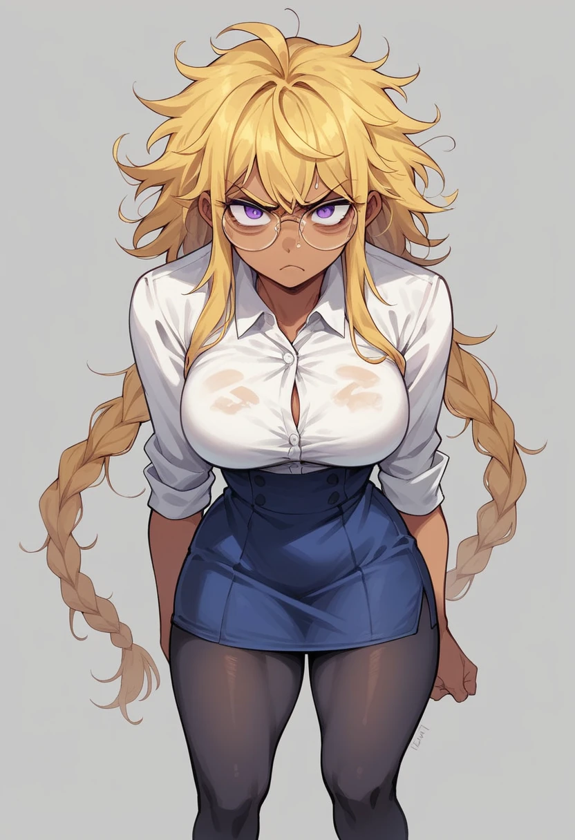 A woman, tanned skin, by rubio, a hairstyle with two long braids that fall over her shoulders, with straight bangs that cover his forehead, very messy hair, messy from above, He wears purple round frame glasses and has an angry expression on his face, Yellow hair, big and somewhat angry eyes, purple eyes, small nose, big breasts, Skinny body, small waist, thick thighs, a white dress shirt, a blue skirt, long black tights, elegant women's sneakers, in a school hallway, low view, alone