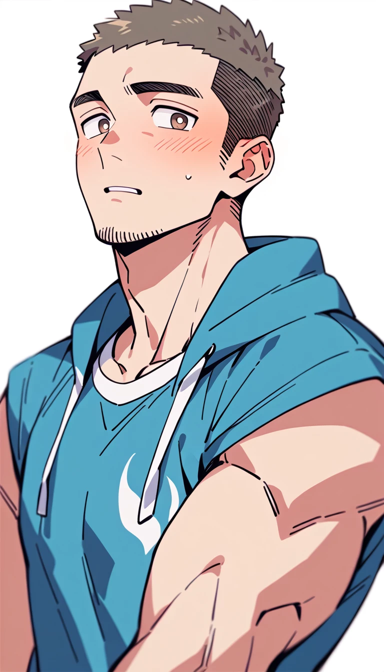 anime characters：Priapus, Muscle Sports Student, Buzz Cut, Manliness, male focus, Sports tight hooded sweatshirt, Very tight, full and perky chest muscles, muscular male, muscular, only, Upper body, alone, Red short hair, Thick eyebrows, stubble, Brown-red pupils, White background, simple background, amazing quality, best aesthetics, Ridiculous, crew cut, parted lips, flustered, endured face, shy, blush, negative space, best quality