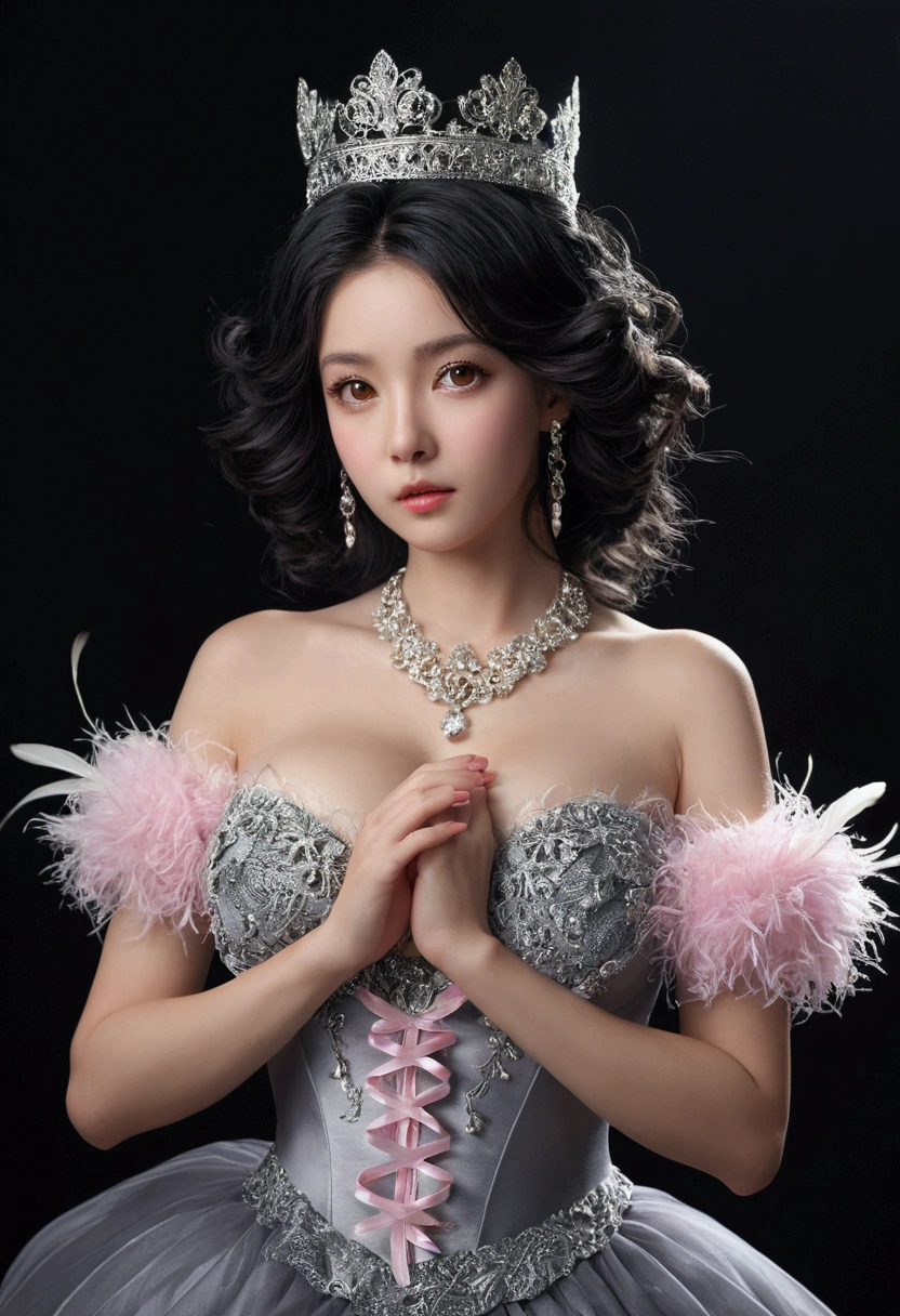 (masterpiece, Highest quality, High resolution:1.3), (Grey Eyes, Black Hair, Medium Hair, Wavy Hair, One girl, Huge breasts, Hair between the eyes) View your viewers, dress, Exposing shoulders, jewelry, Mouth closed, Frills, Removable sleeves, Wide sleeves, Floating Hair, Upper Body, night, null, Ethereal Hair, Decorated with a crown, Elegant, feather, Shoelaces, ribbon, Frills, Dignified Appearance, Calm expression, And she swirls, pinkish energy or ribbon that enhance the mystical ambiance. Dark background, Contrast with the bright colors of the characters, Highlight her as the focal point of the image,Dogwood_Rin, From below:1.3,