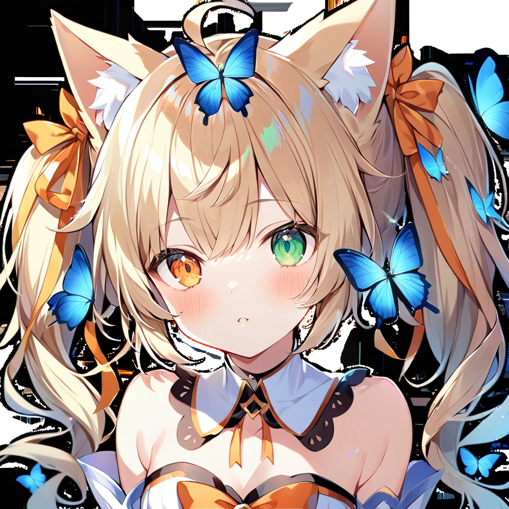 1girl, ahoge, animal ear fluff, animal ears, bangs, bare shoulders, blonde hair, blue butterfly, bow, bug, butterfly, cat ears, detached collar, detached sleeves, dress, fox ears, green eyes, hair ribbon, heterochromia, orange bow, orange eyes, orange ribbon, parted lips, ribbon, sidelocks, solo, transparent background, twintails, virtual youtuber, white background