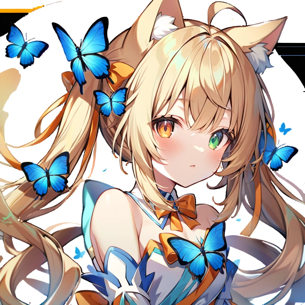 1girl, ahoge, animal ear fluff, animal ears, bangs, bare shoulders, blonde hair, blue butterfly, bow, bug, butterfly, cat ears, detached collar, detached sleeves, dress, fox ears, green eyes, hair ribbon, heterochromia, orange bow, orange eyes, orange ribbon, parted lips, ribbon, sidelocks, solo, transparent background, twintails, virtual youtuber, white background