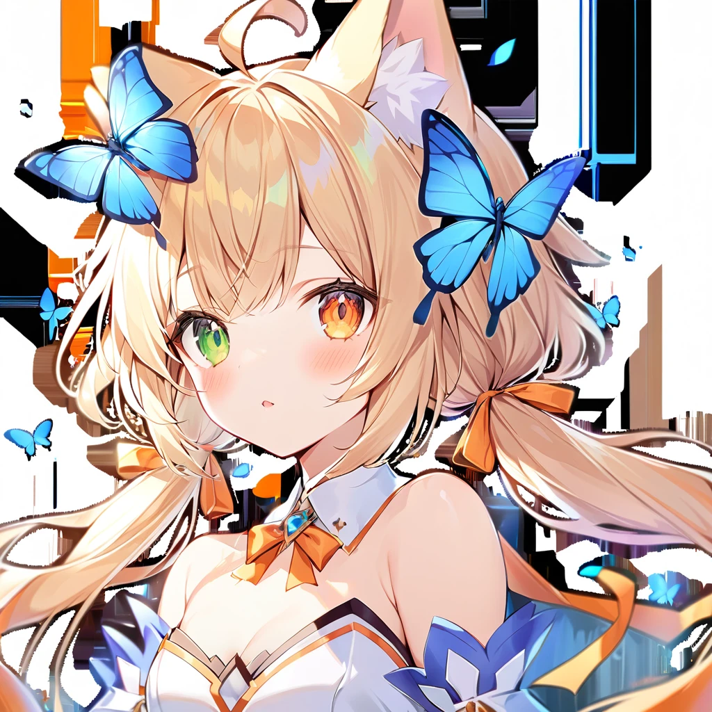 1girl, ahoge, animal ear fluff, animal ears, bangs, bare shoulders, blonde hair, blue butterfly, bow, bug, butterfly, cat ears, detached collar, detached sleeves, dress, fox ears, green eyes, hair ribbon, heterochromia, orange bow, orange eyes, orange ribbon, parted lips, ribbon, sidelocks, solo, transparent background, twintails, virtual youtuber, white background