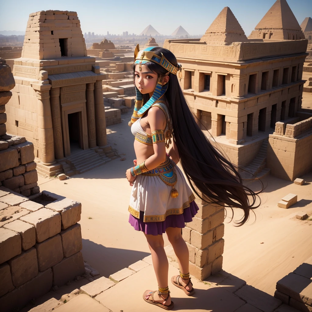 Cute ancient Egyptian 15 year old girl、A hill overlooking the colorful temples of ancient Egypt、A colorful view of the whole city、whole body、Low - Angle、Standing posture、View of the Nile