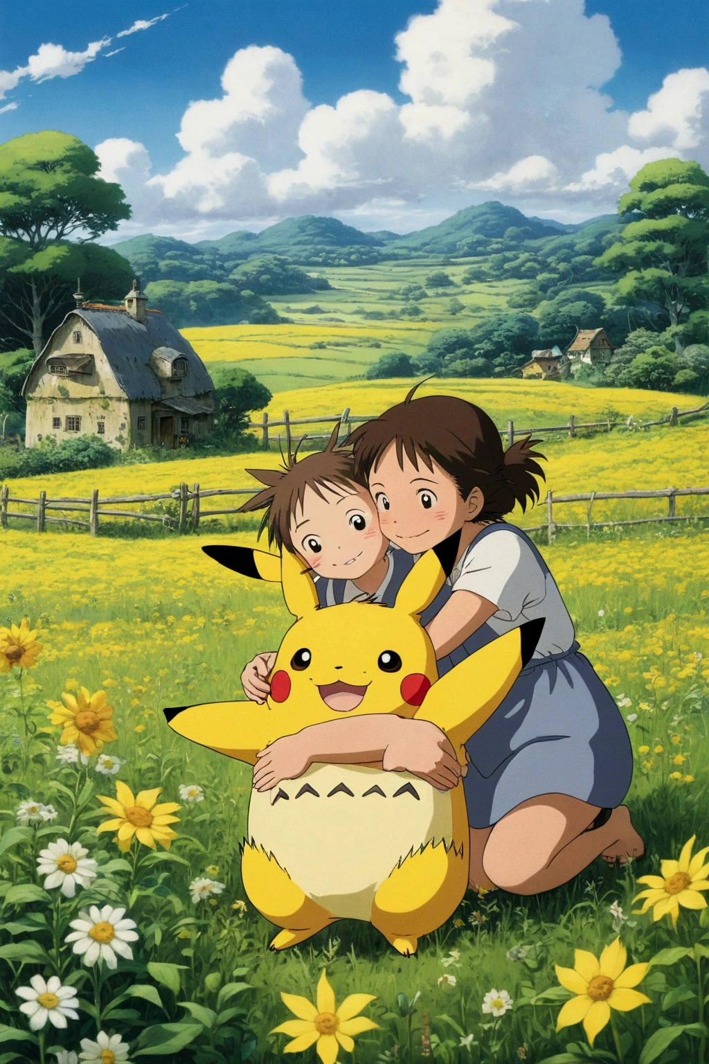 in the farm meadow、Ghibli style、My Neighbor Totoro hugging Pikachu A good friend