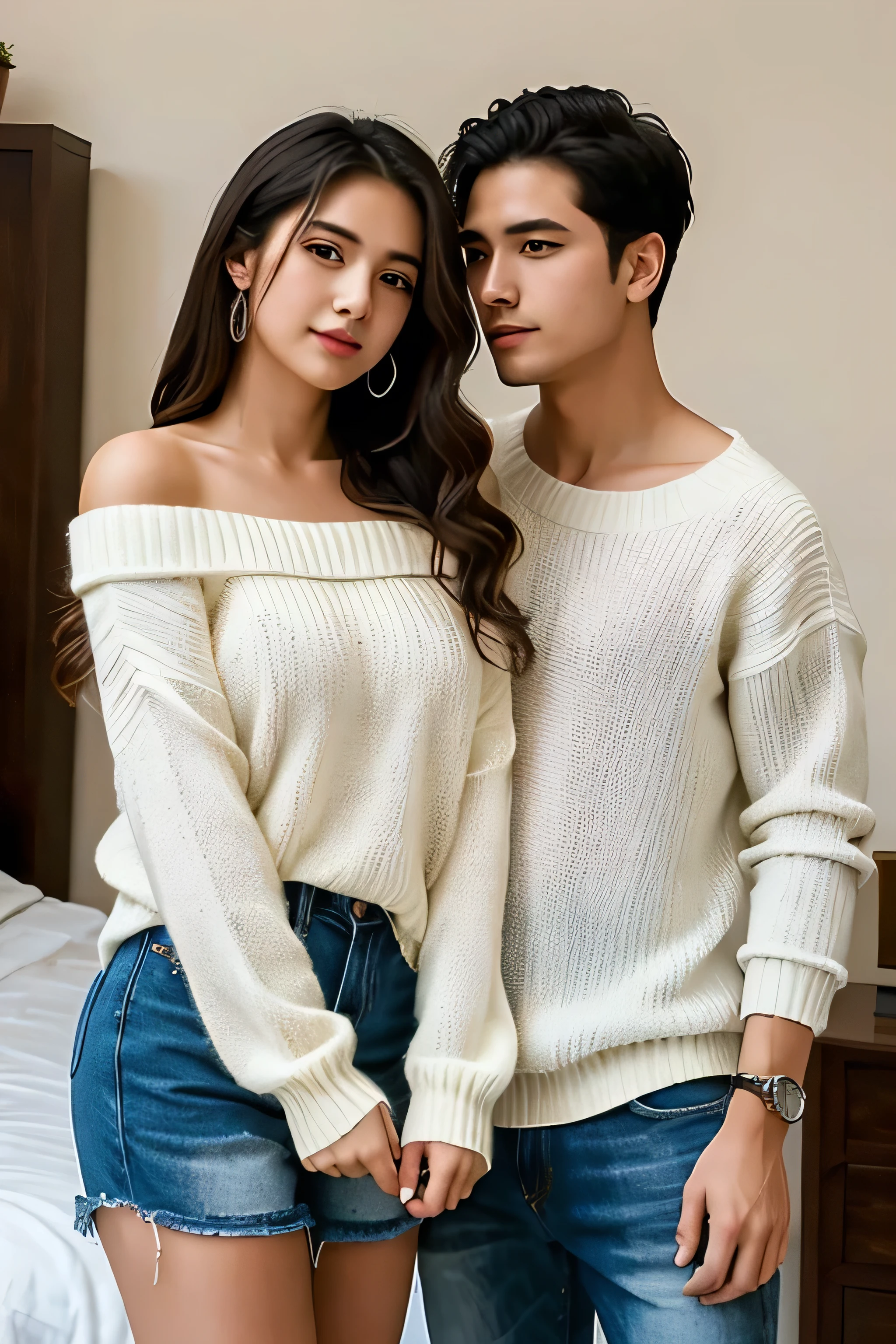 ((Best Quality)), ((masterpiece)), ((detailed)), ((anime)) 1 couple, off shoulder sweater,
