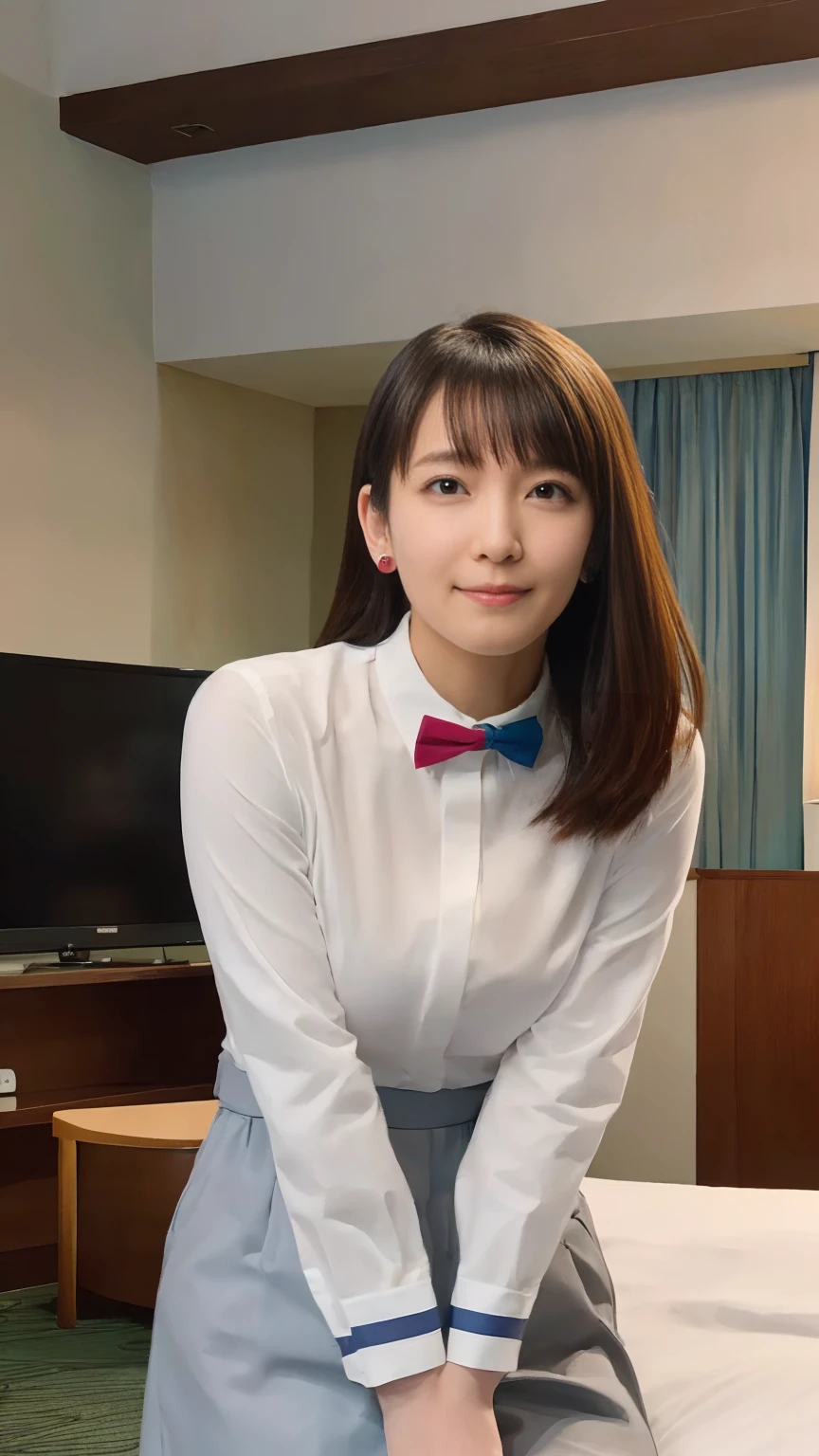 (1 female),beauty,Beautiful Face,smile,(office lady suit:1.4、,A dignified appearance,Plump Style,(Saggy breasts:1.3)、(Peeking into this、Front view),Focus on the chest,Ultra-realistic,Ultra-high resolution,highest quality,8k,masterpiece,(Hotel Indoor、Shooting in bed:1.3)、The cutest Yoshioka Riho