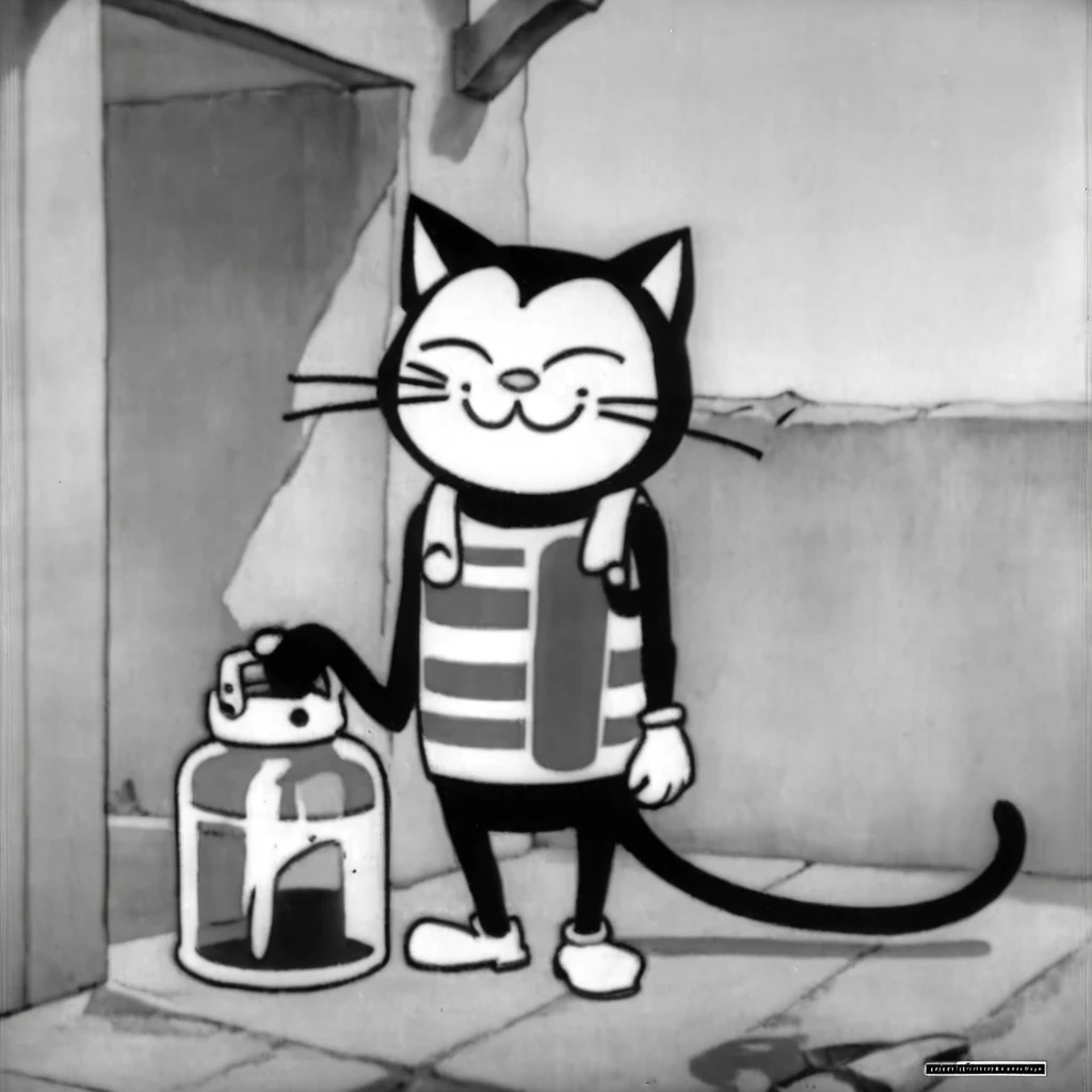 1930s animation, alone, whole body, Standing pose, Cat character in human form, Dustproof Half Mask, Facing forward, Grinning face, Sleeping gas bottle