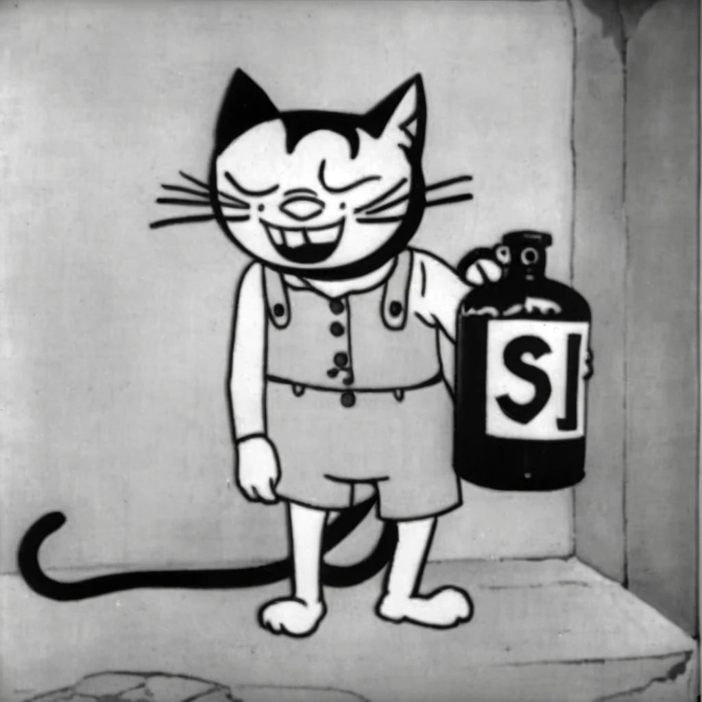 1930s animation, alone, whole body, Standing pose, Cat character in human form, Dustproof Half Mask, Facing forward, Grinning face, Sleeping gas bottle
