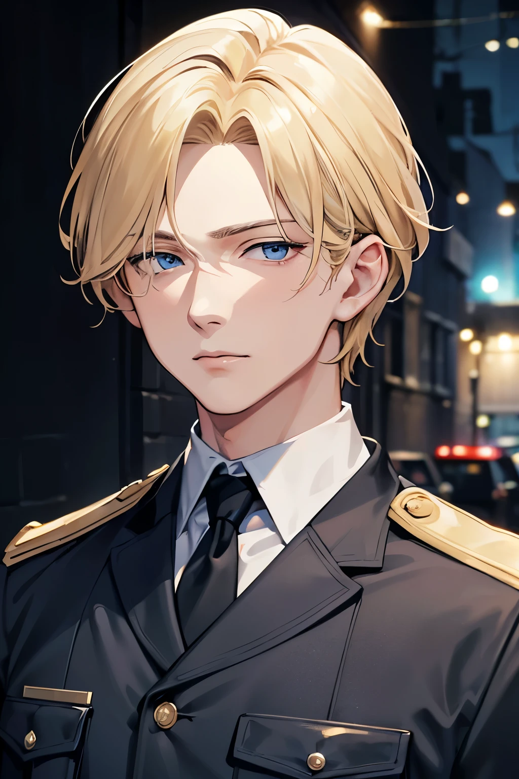 masterpiece, best quality, 1man, blonde hair, blue eyes, police uniform, miltary uniform, short hair, old, anime, dark alley, sad, detailed eyes, detailed facial features, realistic and high resolution (best quality, 4k, 8k, highres, masterpiece:1.2)