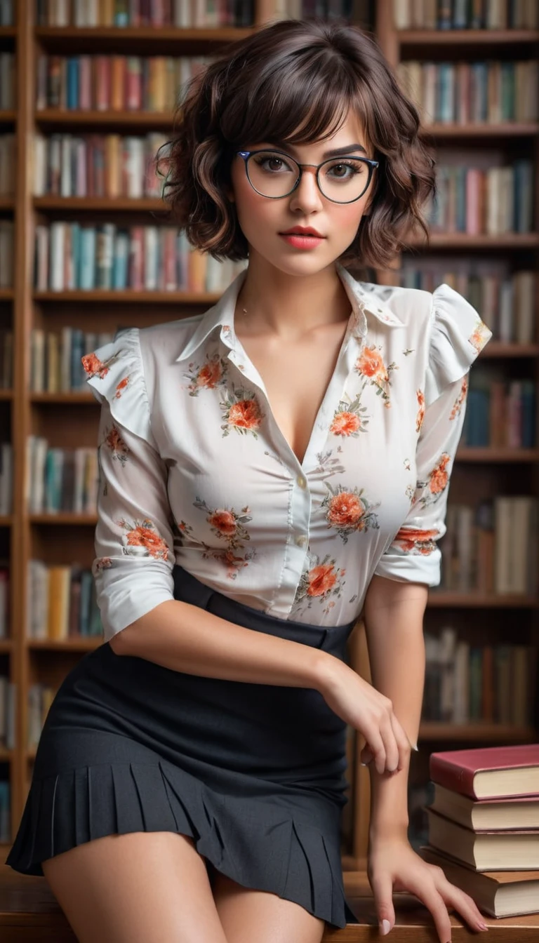 (((beautiful beautiful Isabela Merced, posing for uploadss, looking sexy, ruffled lips, Short and curly hair in different colors, extremely pretty eyes))), ((wearing floral silver necklace)), realistic uploadsgraph, highy detailed, Foco do pointed, (Main lighting), (indoor bookstore environment), Artwork, extremely pretty, Perfect beauty, (perfect shape body, Broad Hips, small waist, thick-thighs, firm abs, Body cute, knees, knees, focus on the knees, breasts small), short hair of different colors with bangs, short hair with bangs of different colors cobrindo a testa, short hair with bangs of different colors ((((short hair of different colors with bangs cobrindo a testa)))), ((30 years old)), (extremely detaild 8k wallpaper), ((face detailed)), (((wearing open white shirt, microsaia curta de tweed, knees, knees, very short skirt)), (long dark eyelashes), (looking at the camera), (((cleavage))), (glamor model), (seductive facial expression) (((standing between high shelves full of books))), extremely detaild, Artwork, Intricate details, highy detailed, Foco do pointed, skin detailed, realistic skin texture, texture, detailedeyes, high resolution, best quality, high resolution, (Artwork, maximum quality, high resolution:1.4), uploads, cinematic, film grain, pointed, soft natural light, magic uploadsgraphy, super verbose, ((whole body: legs 1.7)), librarian glasses, nerd glasses, ((pleated miniskirt: miniskirt 1.6)), unbuttoned blouse with cleavage, bellybutton, navel, cleavage, (Head to knee, all-body: knees 1.3), horny, lascivious, provocative, panties, raised knee, knee lift, horny, lascivious, provocative, knee lift, (((knee))), (((knee lift))), (((knee:. knee 1.3))), Knee, Knee Lift, Raised Knee, Focus on Knee