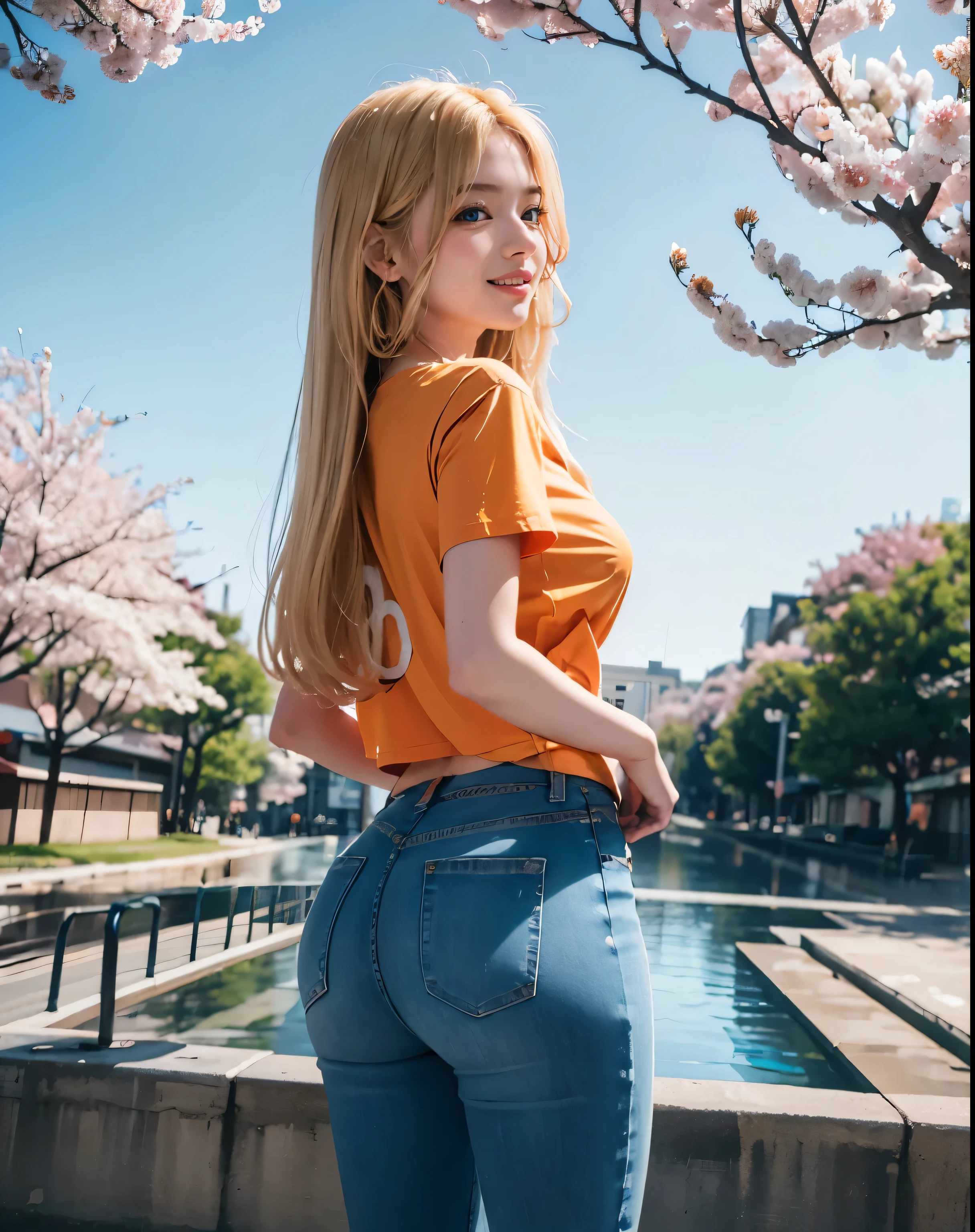 1 girl, (blue eyes), (smiling), (Sana Minatozaki), Wide hips, big tits, big ass, (Best Quality, 8k, masterpiece: 1.3), clear focus: 1.2, Perfect body beauty: 1.4, Very detailed face and skin texture., detailed eyes, double eyelids, (long blond hair :1.2), (Orange T-shirt :1.3), (Tight jeans), standing, looking back, view from behind, view from below :1.2, in a park with sakura trees, sakura flower falling