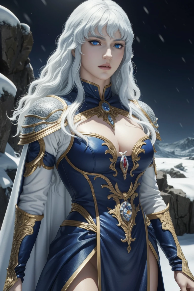 Griffith,Berserk,male,super beautiful ager,Long hair with white perm,Crystal clear blue eyes,Beautiful white skin,Ultra HD,super high quality,masterpiece,Digital SLR,Photorealistic,Detailed details,Vivid details,Depicted in detail,A detailed face,Detailed details,Super Detail,Realistic skin texture,Anatomical basis,Perfect Anatomy,Anatomically correct hand,Anatomically correct fingers,Complex 3D rendering,Fearless look,Beautiful snowy scenery,