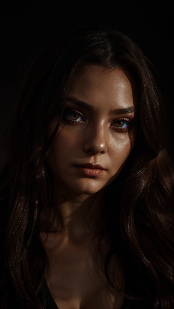 Woman's portrait, flowing hair, hypnotic red eyes, eerie atmosphere, makeup, light background, neon, contour light, dynamic scene, detailed, masterpiece