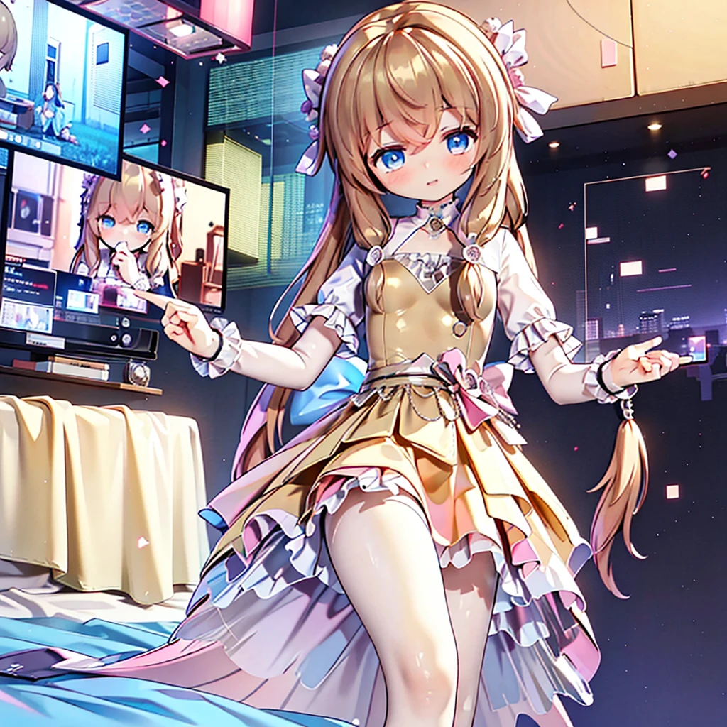 masterpiece, best quality, CG wallpaper, 8k, girl, solo,  cute, petite, Blue eyes, brown twintail, (yellow dress), half close eyes, lay on the bed, look away,  glitch, neon and led lights, from below 
