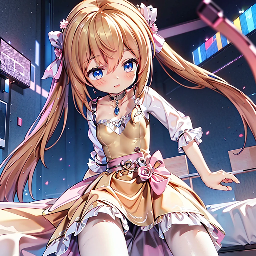 masterpiece, best quality, CG wallpaper, 8k, girl, solo,  cute, petite, Blue eyes, brown twintail, (yellow dress), half close eyes, lay on the bed, look away,  glitch, neon and led lights, from below 
