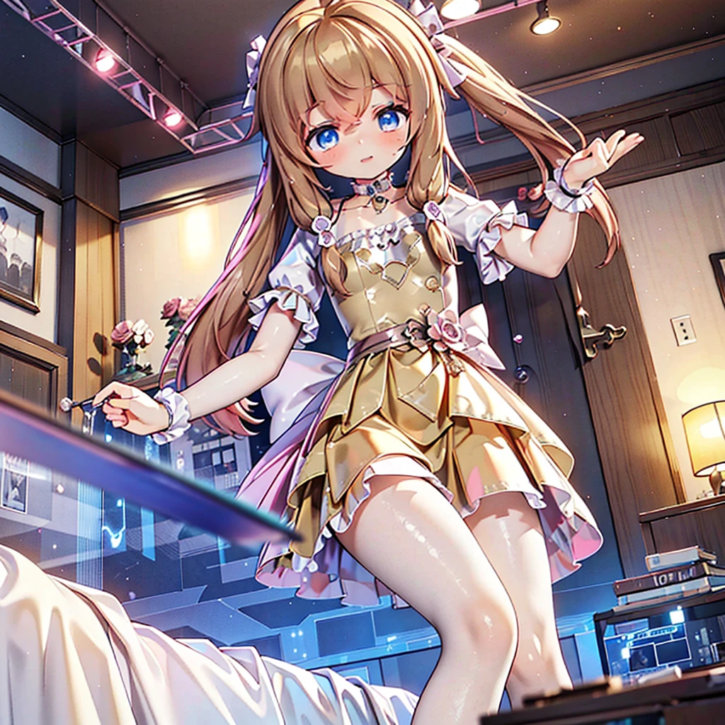 masterpiece, best quality, CG wallpaper, 8k, girl, solo,  cute, petite, Blue eyes, brown twintail, (yellow dress), half close eyes, lay on the bed, look away,  glitch, neon and led lights, from below 
