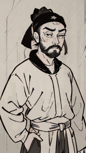 (((Monochrome)))、(((Tie your hair up、bearded young man wearing a black swimming cap)))、（（Men in ancient China））、（Ink Painting）、Highest quality、masterpiece、Ultra-high resolution、(Realistic:1.4)、Game Poster、The Three Bearded Men of the Kingdom,Oriental、As seen in the Romance of the Three Kingdoms々military commander、Crisp and beautiful image quality ,(Skin of color)、 gloves, Long trousers, (Very detailed, bloom:1.5), (Highest quality, Concept Art, 4K), (analog:1.2), (high sharpness), (Detailed pupil:1.1),, Detailed face and eyes, masterpiece, Highest quality, (Very detailed:1.1), 8k, photoRealistic, (PurerosFace_v1:0.2), [:(Detailed face:1.2):0.2], sharp, Realistic, Realistic Shadow, 