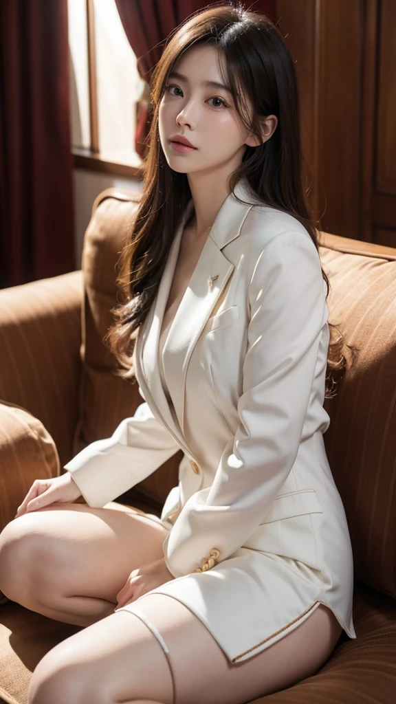 a 20 year old face of the most beautiful actress in the world, the perfect body proportions of a female, blazer is firmly worn on formal shirt which is covering whole upper body of a female, sitting on a sofa with spread the legs in the living room, the female vagina which is naked is clearly seen, the female anus, the female labia, the female clitoris, the female pubic hair, nsfw, best quality, highly detailed, masterpiece, ultra high res, photo realistic, 8k, both hands of a female is off the vagina