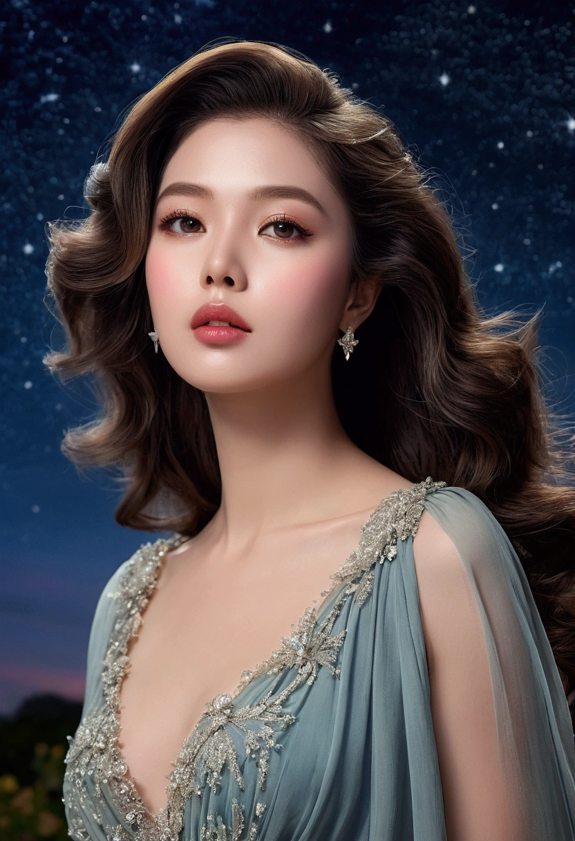 (best quality,Extremely detailed,Practical:1.37),Image of a woman wearing a flowing chiffon dress,Beautiful face and lips,Exquisite eyes,Long eyelashes,Peaceful night sky,Twinkle Stars,Ethereal atmosphere