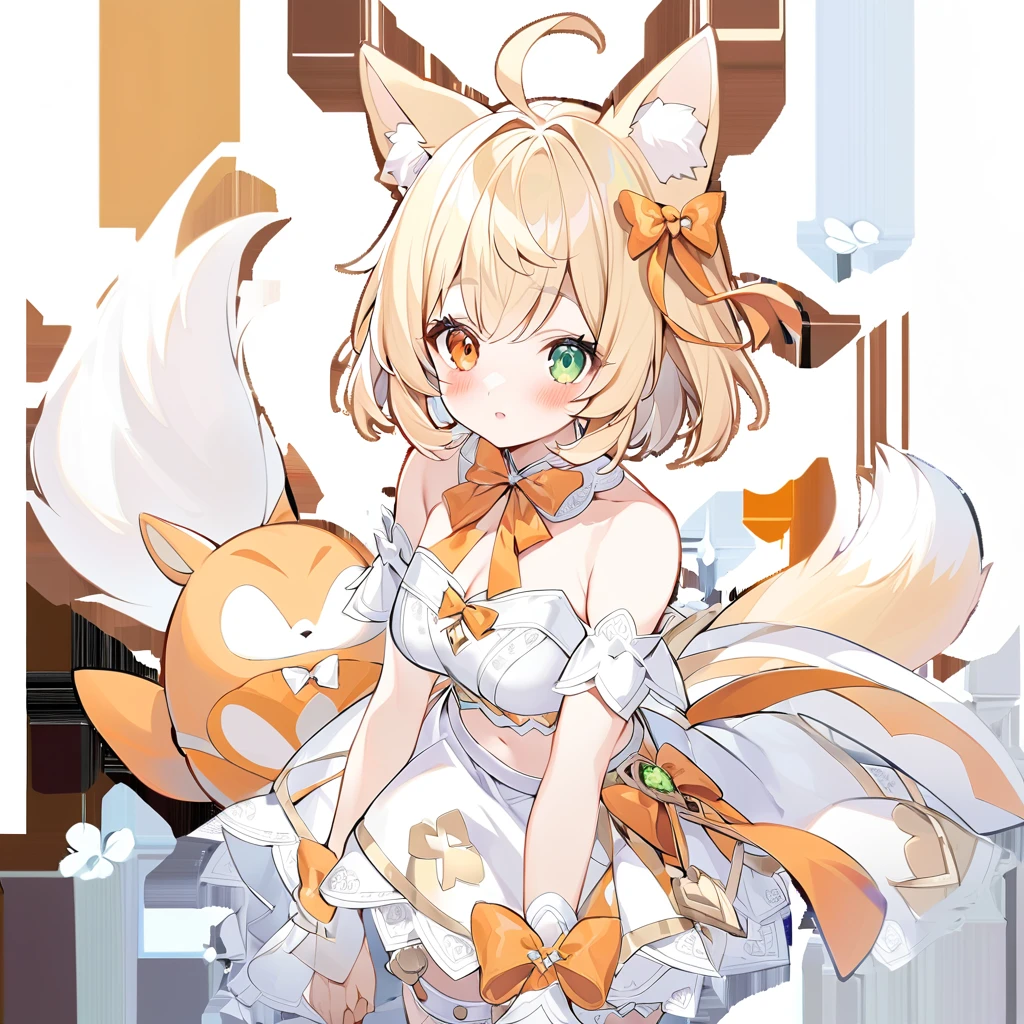 1girl, ahoge, animal ear fluff, animal ears, bangs, bare shoulders, blonde hair, , bow, fox ears, detached collar, detached sleeves, , fox ears, green eyes, hair ribbon, heterochromia, orange bow, orange eyes, orange ribbon, parted lips, ribbon, sidelocks, solo, transparent background, twintails, virtual youtuber, white background The fox girl,1girl,short hair, The hairstyle is like Klee's,animal ears, bangs, bare shoulders, blonde hair, blush, bow, breasts, white cleavage, cropped torso, , green eyes, hair ribbon, heterochromia, , looking at viewer, , orange bow, orange eyes, orange ribbon, ribbon, solo, stuffed animal, , , twintails, upper body, full-length, white legbands, white shoes with lace and white bows, white background, wrist cuffs, yellow eyes, bloomers, close-up, fair skin frills, lace, midriff, skirt, solo, , white background,shorts, white top with ribbon and lace and trousers,trousers, genshin,white slippers with a bow,All clothes are white, laceAt full height, it stands,bandaged hands, short hair , ankle lace-up, ankle ribbon, bow, leg ribbon, lineart, , shoes, , standing, , white bow, white footwear,