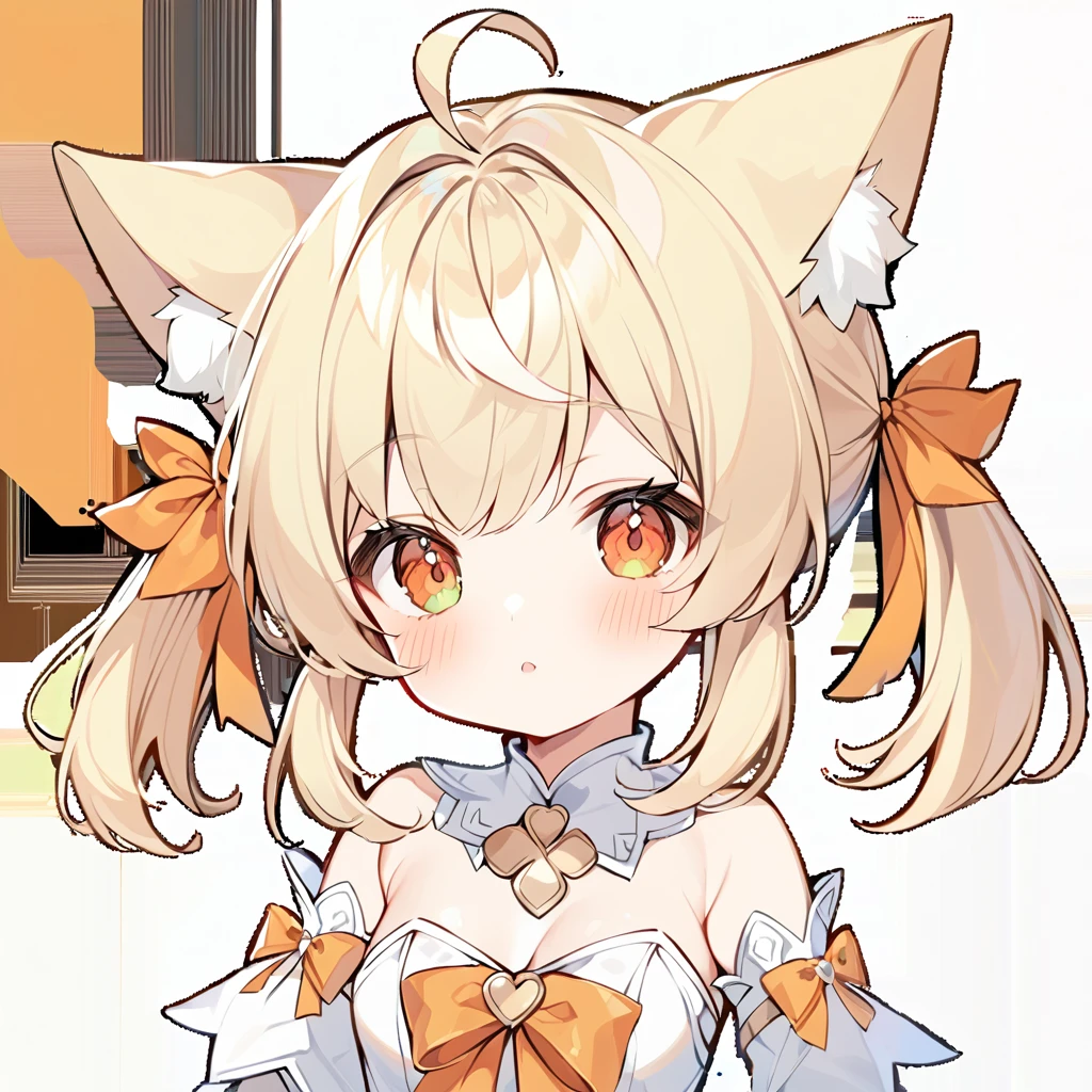 1girl, ahoge, animal ear fluff, animal ears, bangs, bare shoulders, blonde hair, , bow,  fox ears, detached collar, detached sleeves, , fox ears, green eyes, hair ribbon, heterochromia, orange bow, orange eyes, orange ribbon, parted lips, ribbon, sidelocks, solo, transparent background, twintails, virtual youtuber, white background The fox girl,1girl,short hair, The hairstyle is like Klee's,animal ears, bangs, bare shoulders, blonde hair, blush, bow, breasts, white cleavage, cropped torso, , green eyes, hair ribbon, heterochromia, , looking at viewer, , orange bow, orange eyes, orange ribbon,  ribbon, solo, stuffed animal, , , twintails, upper body, full-length, white legbands, white shoes with lace and white bows, white background, wrist cuffs, yellow eyes, bloomers, close-up, fair skin frills, lace, midriff, skirt, solo, , white background,shorts, white top with ribbon and lace and trousers,trousers, genshin,white slippers with a bow,All clothes are white, laceAt full height, it stands,bandaged hands, short hair , ankle lace-up, ankle ribbon, bow, leg ribbon, lineart, , shoes, , standing, , white bow, white footwear,