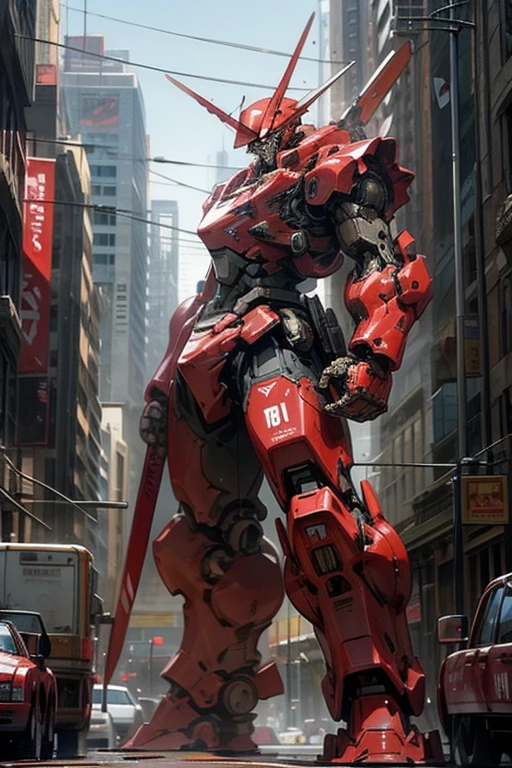 Break A giant red robot stands in the city,Break The robot has a sword,Break: Monsters standing face to face in the city,
