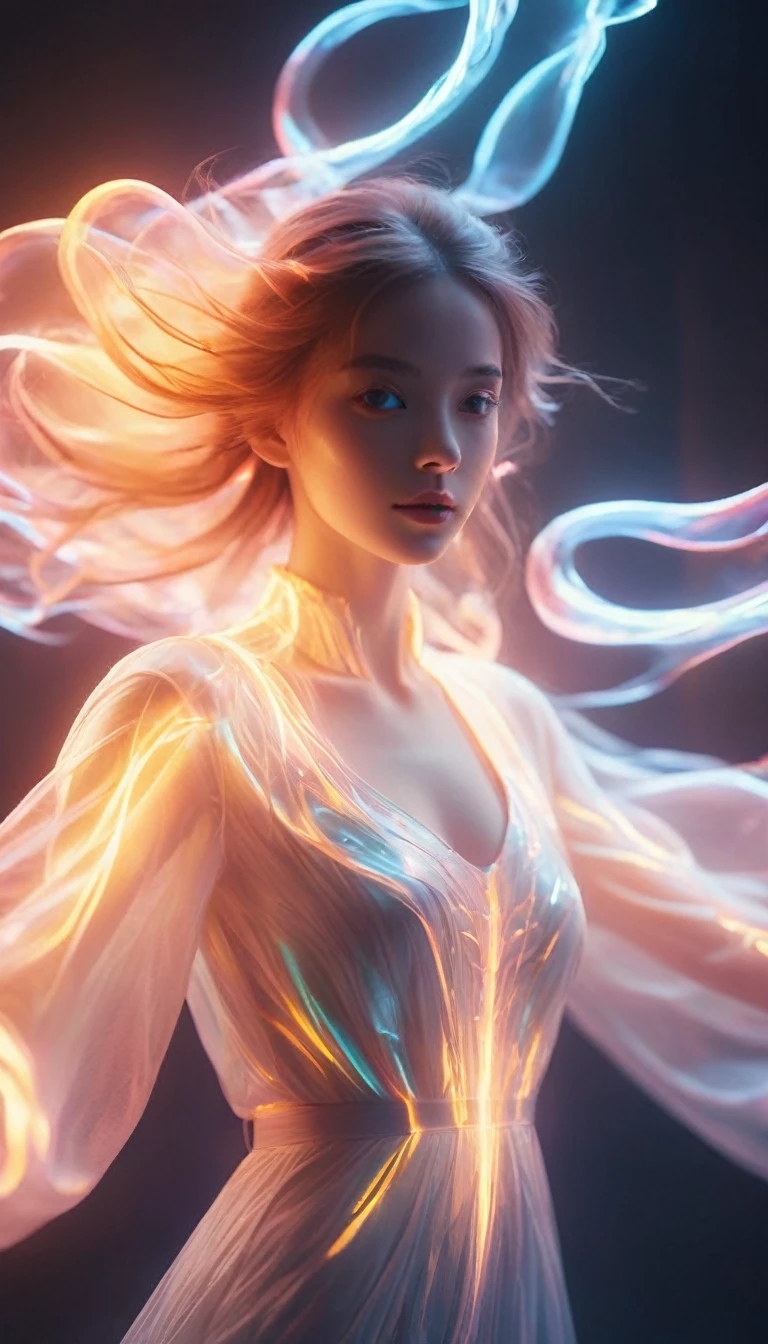 translucent luminous body,glow,bailing_model,1girl,pale skin,neon noir,long exposure,motion blur,1girl,(Glowing ambiance, enchanting radiance, luminous lighting, ethereal atmosphere, mesmerizing glow, evocative hues, captivating coloration, dramatic lighting, enchanting aura),