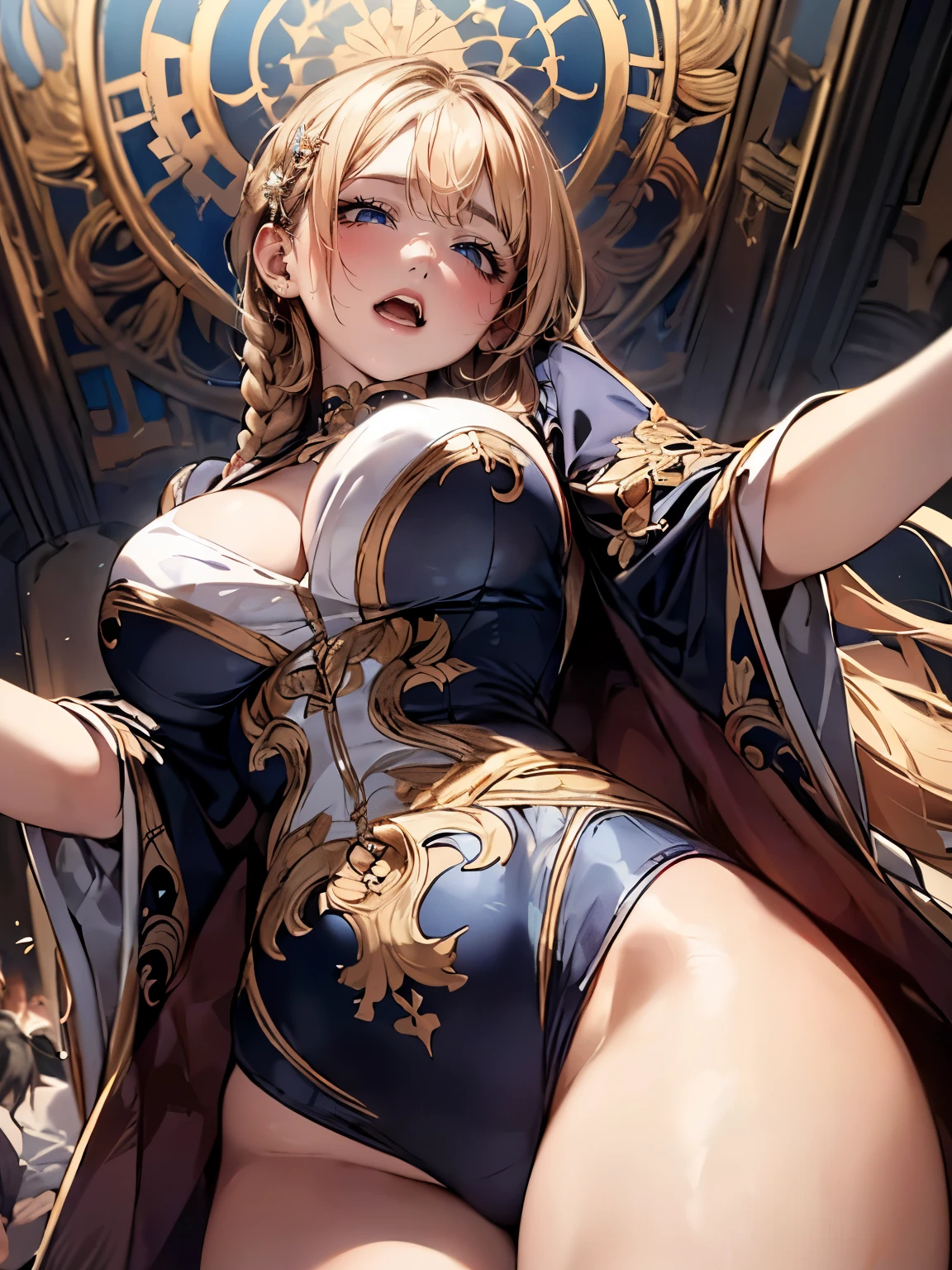 (only one woman), angle from below, (complex), (Art Nouveau, round face), (((she is touching her voluptuous breasts with overflowing from clothes by herself , ecstasy face))), drooping eyes, blush, blond, braid,