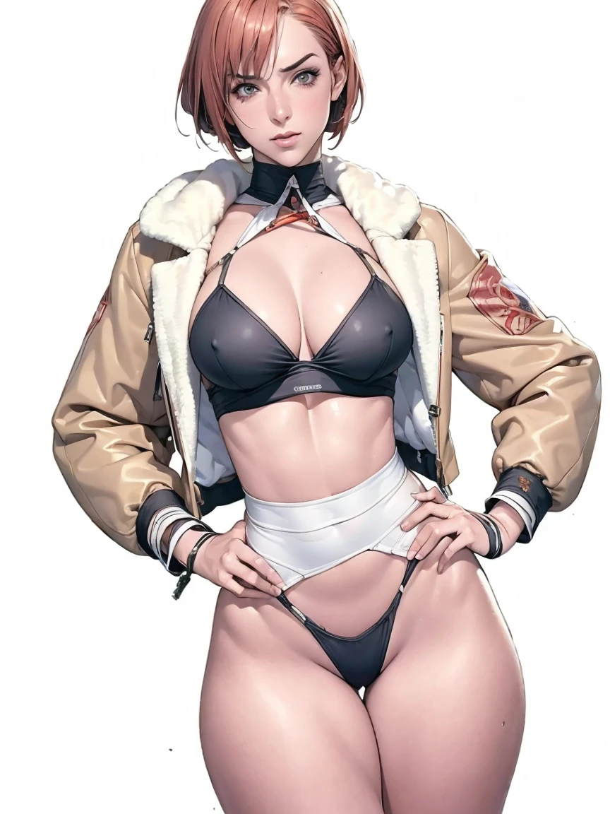 (((Annie Lennox))), (((copper color suit))), (scars), (((bandaged arms))), (((Copper-colored clothes))) ((fur hood)), (((best qualityer: 1.4))), (Unbeatable masterpiece), (hiper HD),(CG 8k hyper-realistic), brave face, (((breasts big))), (((hyper feminine))), sexly girl, black tattoo,(ultra short red hair with white highlights)), ((( sculptural body ))), (((1 Kizi))), Kizi tatuada de 25 anos com perfectbody,,Beautiful and well-groomed face,muscular body:1.2,solid color detailed jacket, (Head to thigh photos), Complex equipment, copper,Tight clothes,With white stars and off-white stripes,,,,,Armor Metal Electronic Parts, Poison tattoos ) INFO, Kizi, (((standing alone))), pirralha violent, 24歳, sexy, pose de atitude, work of art, post-apocalypse, (((manga style))), bounty hunter, the way you want, perfect body, roupa moderna, advanced technology, Pleated mini skirt with checkered pattern in red and black, fur collar jacket, sleeves with vertical striped pattern, neutral background, (( cowboy shot )). intricate visual, narrow waist, (((wide hips))), wide hips, fit thighs, (thigh gap), background shows a futuristic airplane