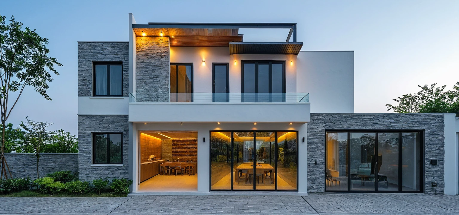 Two-storey townhouse, minimalist architecture, modern house, brightly painted walls, stone wall accents, xingfa aluminum glass doors. The canopy is made of resistant iron glass. In the afternoon light, the construction lights are turned on and you can see furniture, the first floor is for business, the second floor is residential. realistic representation. surrealist house