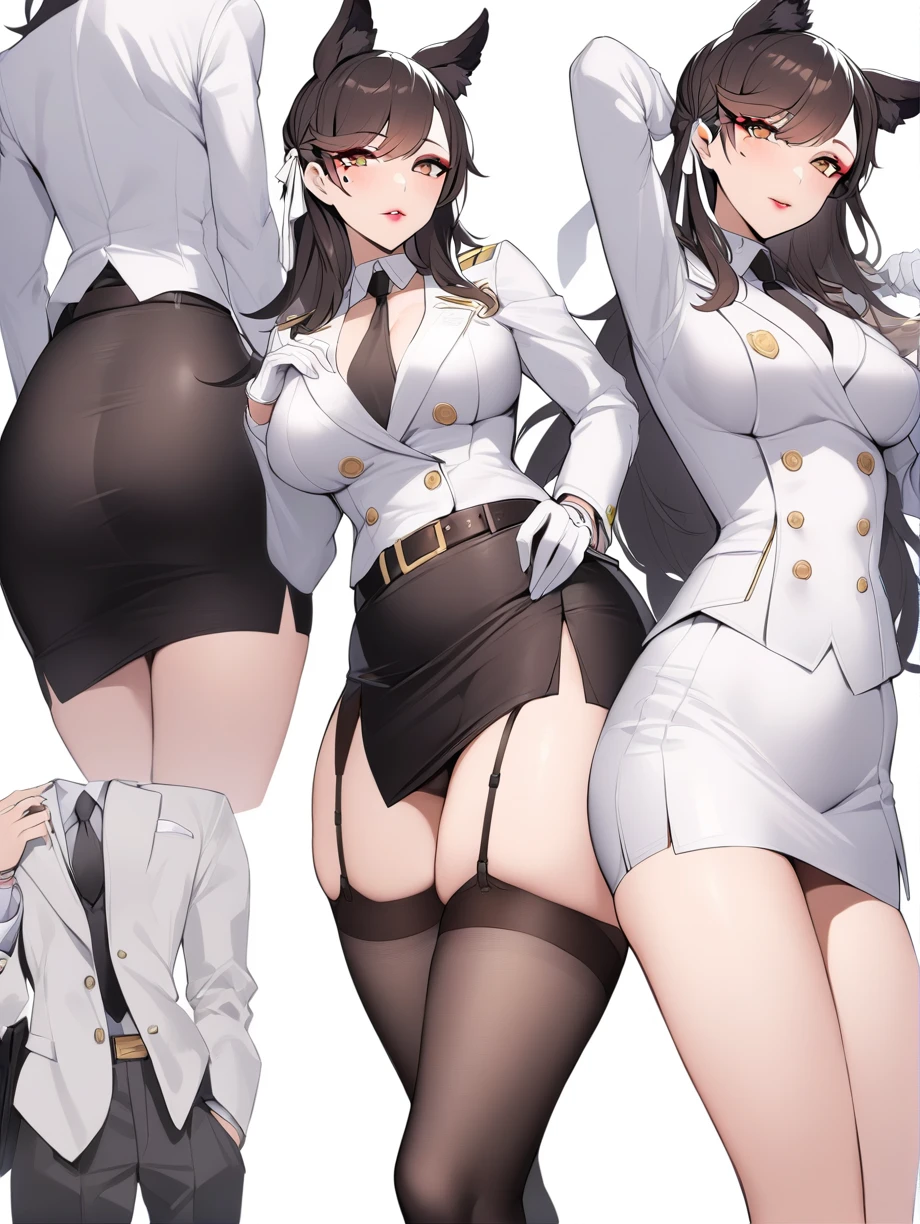 atago_\(azur_lane\), 1 woman, solo, brown eyes,mole_under_eye,military_uniform, garter_straps, skirt, skirt, black legwear,white gloves,white background, a woman holding a katana, masterpiece, best quality, white skirt suit, (((three-piece suit))), (((white dress shirt))), (((necktie))), (((white blazer))), (((suit jacket))), (((waistcoat))), double-breasted waistcoat, (((bodycon pencil skirt))), pocket square, cufflinks, tie clip, tight clothing, (((belt))), formal clothing, makeup, lipstick, eyeshadow, mascara, slender figure, tailored suit, medium breasts