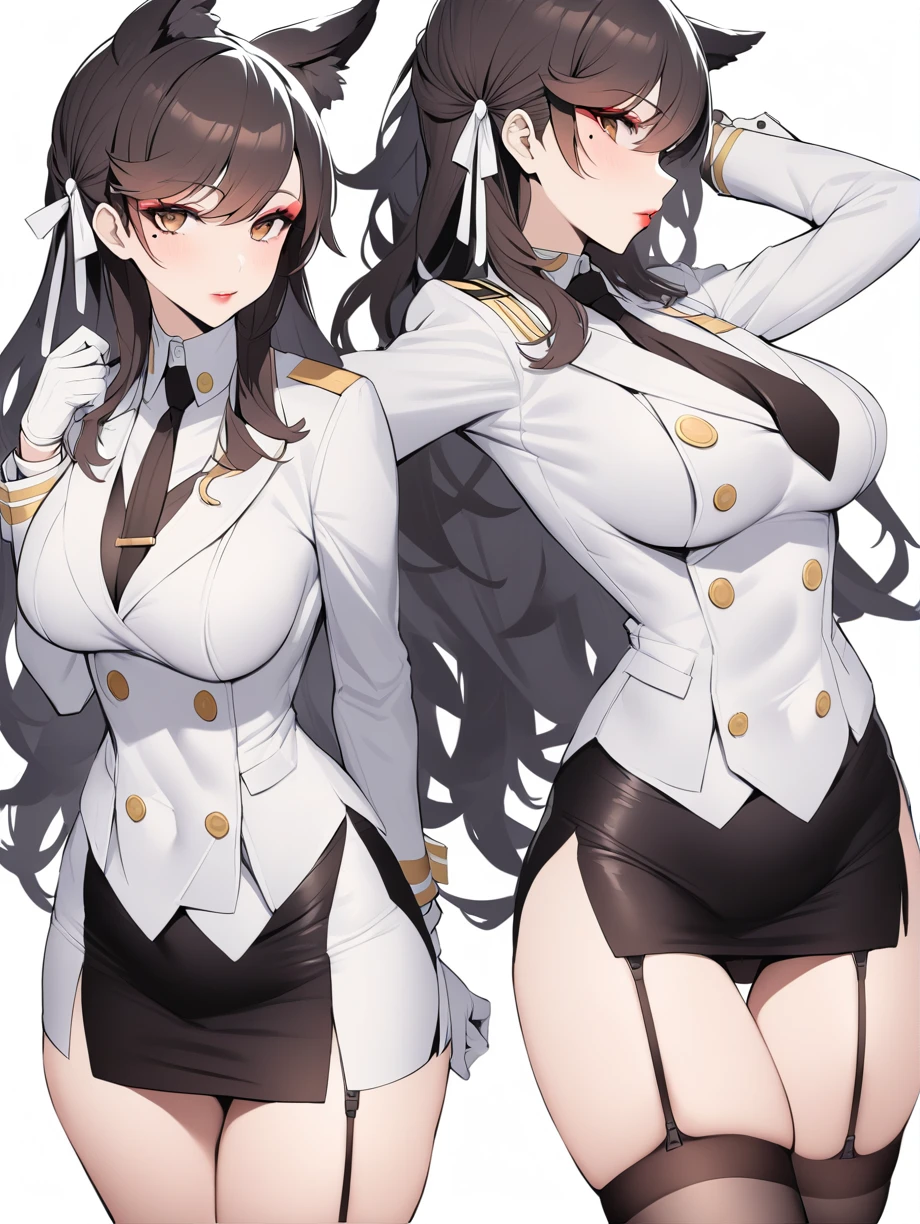 atago_\(azur_lane\), 1 woman, solo, brown eyes,mole_under_eye,military_uniform, garter_straps, skirt, skirt, black legwear,white gloves,white background, a woman holding a katana, masterpiece, best quality, white skirt suit, (((three-piece suit))), (((white dress shirt))), (((necktie))), (((white blazer))), (((suit jacket))), (((waistcoat))), double-breasted waistcoat, (((bodycon pencil skirt))), pocket square, cufflinks, tie clip, tight clothing, (((belt))), formal clothing, makeup, lipstick, eyeshadow, mascara, slender figure, tailored suit, medium breasts