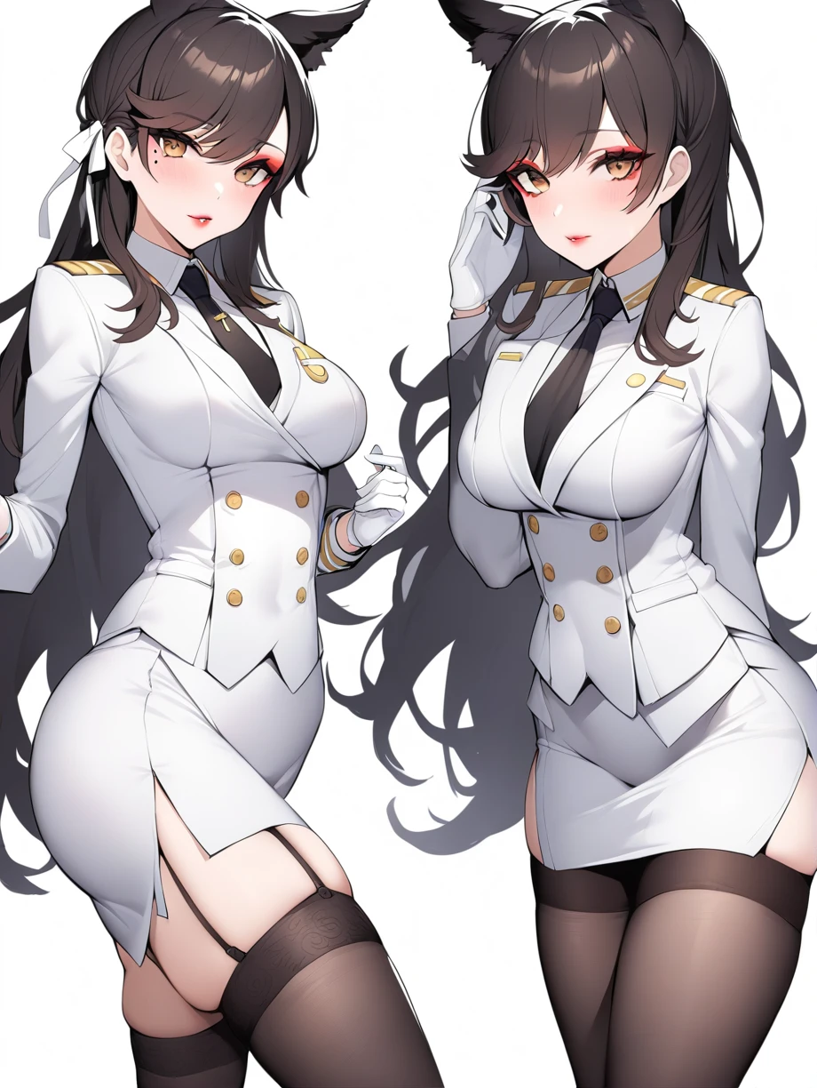 atago_\(azur_lane\), 1 woman, solo, brown eyes,mole_under_eye,military_uniform, garter_straps, skirt, skirt, black legwear,white gloves,white background, a woman holding a katana, masterpiece, best quality, white skirt suit, (((three-piece suit))), (((white dress shirt))), (((necktie))), (((white blazer))), (((suit jacket))), (((waistcoat))), double-breasted waistcoat, (((bodycon pencil skirt))), pocket square, cufflinks, tie clip, tight clothing, (((belt))), formal clothing, makeup, lipstick, eyeshadow, mascara, slender figure, tailored suit, medium breasts