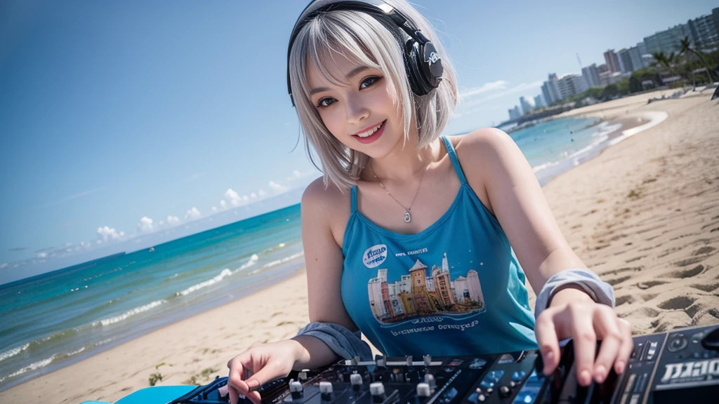 (ultra - detailed, 16K resolution, Cinema lenses, rendering by octane), (high resolution:1.18), intricate detail, (masterpiece:1.1), (highest quality:1.1), (1girl, portrait, white hair, blue eyes, short hair, detailed eyes),Wearing silver DJ headphones, sequined T-shirt, (in the beach:1.5), (Iconic hip-hop pop costumes:1.3), Smile while DJing on stage, DJ studio next to the beach, ((A stylish DJ stage on a hill overlooking the beach)), full body shot, Photorealistic photography by Sunshine, (cute round face:1.3), perfect fingers, five fingers, beautiful hands, perfect hands. master peace, cute smile, Fixhand.