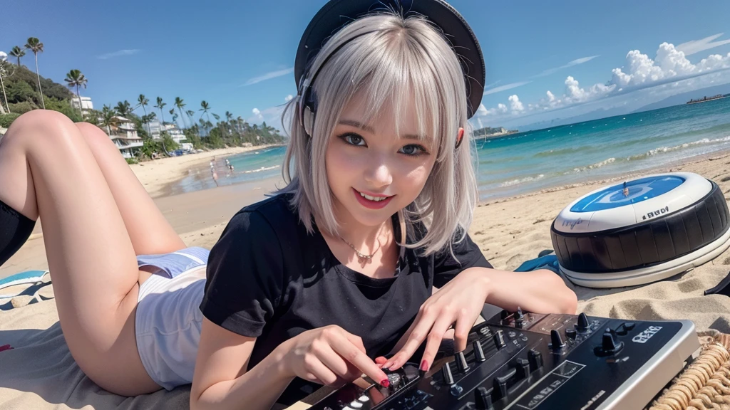(ultra - detailed, 16K resolution, Cinema lenses, rendering by octane), (high resolution:1.18), intricate detail, (masterpiece:1.1), (highest quality:1.1), (1girl, portrait, white hair, blue eyes, short hair, detailed eyes),Wearing silver DJ headphones, sequined T-shirt, (in the beach:1.5), (Iconic hip-hop pop costumes:1.3), Smile while DJing on stage, DJ studio next to the beach, ((A stylish DJ stage on a hill overlooking the beach)), full body shot, Photorealistic photography by Sunshine, (cute round face:1.3), perfect fingers, five fingers, beautiful hands, perfect hands. master peace, cute smile, Fixhand.