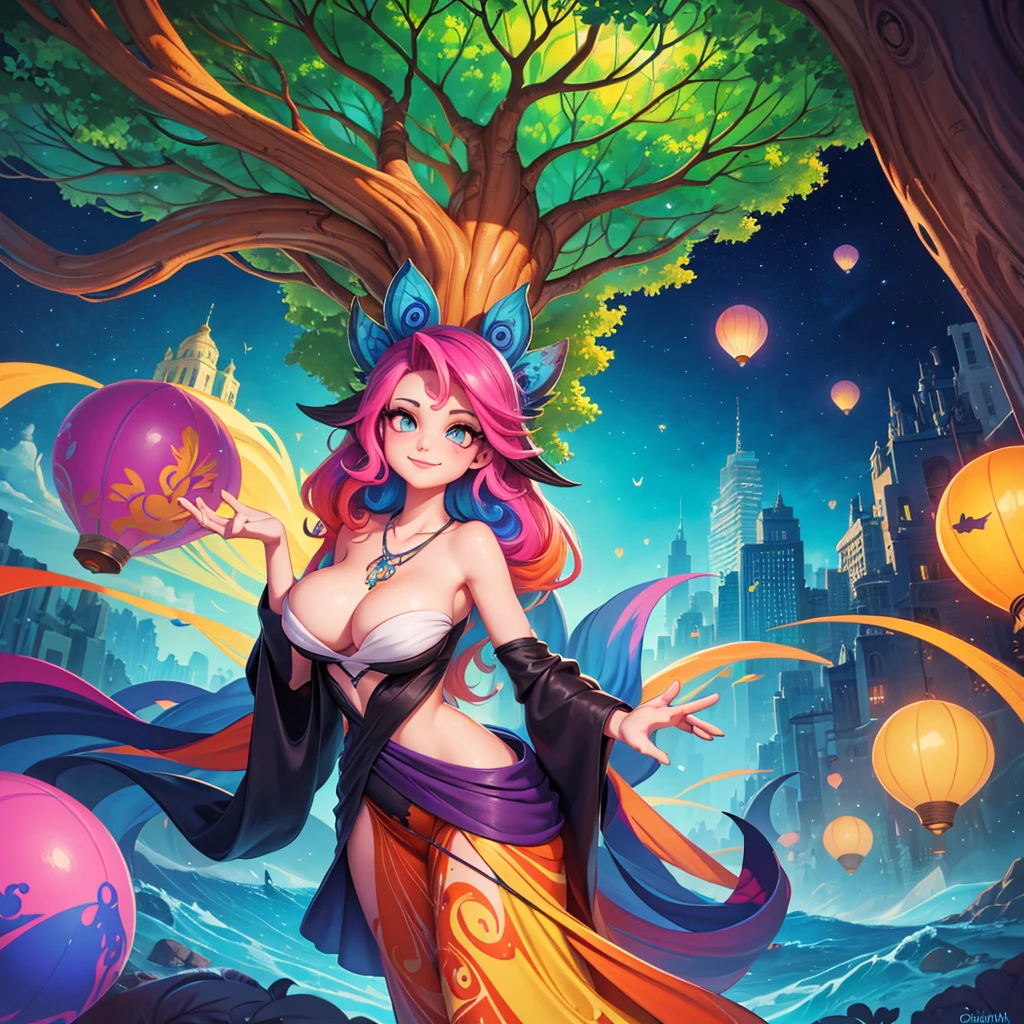 a painting of gigantic woman's head with face of Winona Ryder morphed with Angelina Jolie with colorful hair in a shape of tree and lianas, a neck growing out of the ground, dalightful smile, a city skyline, hot air balloons, flying bulbs and plant trees in the air, beeple and jeremiah ketner, dan mumford tom bagshaw, colorfull digital fantasy art, inspired by Cyril Rolando, inspiring digital art, colorful digital painting, paint splashes, paint driping, gorgeous digital art, beautiful art uhd 4 k, stunning digital illustration, vibrant digital painting, stylized digital art