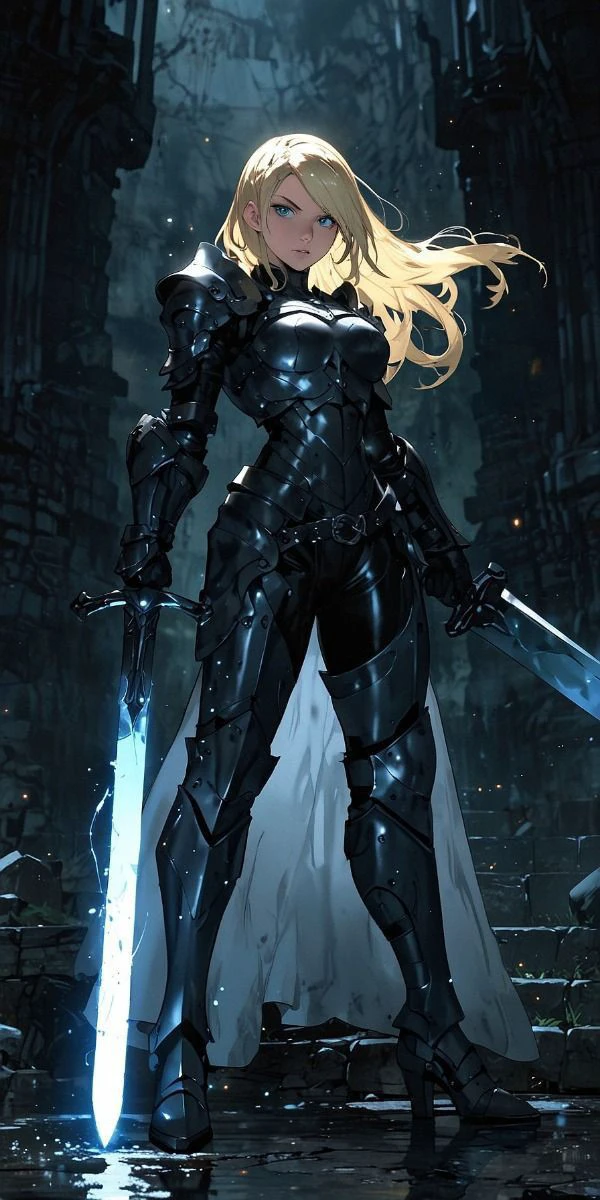 High-quality, Beautifully female, fantasy, long blond hair, black armor, long sword, magical, athletic body