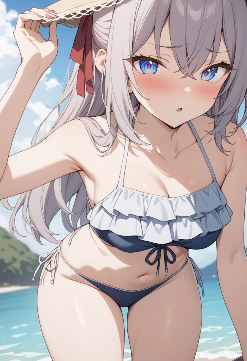 masterpiece, Highest quality,One Girl,Swimwear、Red ribbon、Blue eyes,