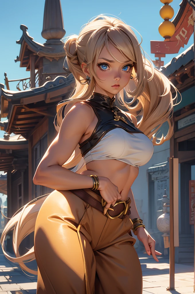 1girl, solo, multiple colored hairs, tiger tail, smile, leaning forward, outside, charm posing, background, amazon warrior outfit, ponytail, (view from behind), 20 years old, (tomboy), blonde hair, (big fat ass), voluptuous, high details, amazon white fundoshi, sharp detailed face, detailed eyes, well-used pussy, mature, long and wild amazon hair, amazon, long hair, tattoo, tanned, in a tribal village with leaf huts and tents, toned body, huge breasts, fur, tiger girl, toned body, lewd amazon outfit, wild girl, big asscheeks, loincloth wedged between asscheeks, personalami,