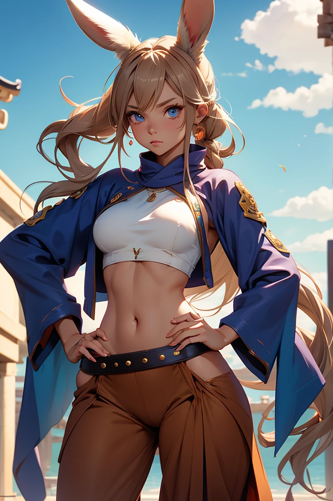 Bunny woman, rabbit woman, baggy pants, belt, blue eyes, tan skinned female, fingernails,, long pony tail, Viera, temple background, light brown hair, midriff , monk pose