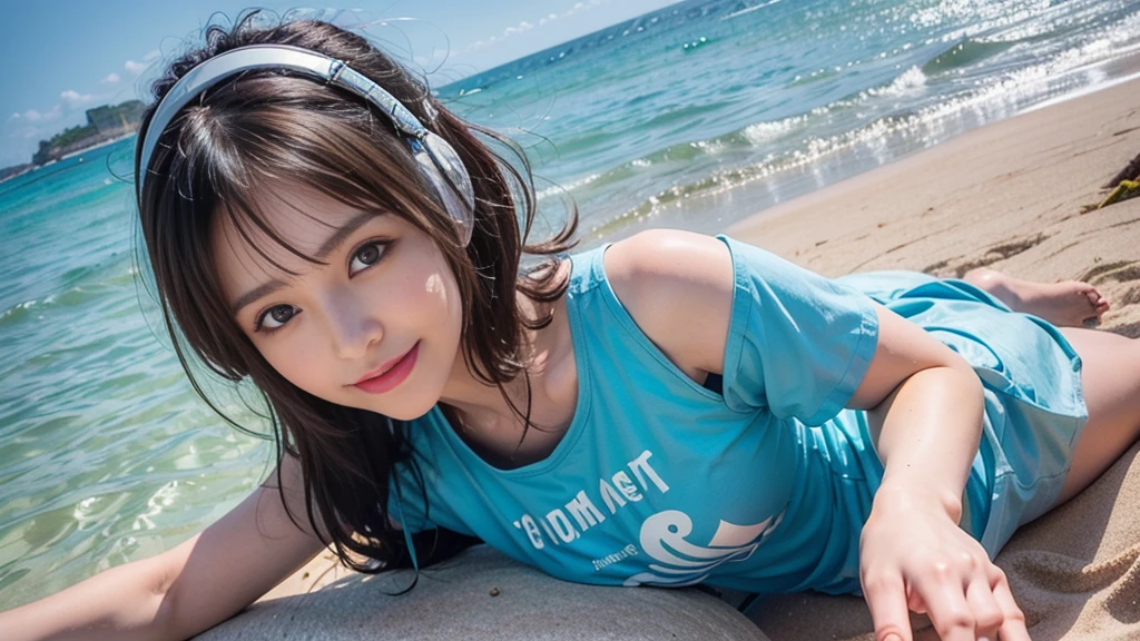 (ultra - detailed, 16K resolution, Cinema lenses, rendering by octane), (high resolution:1.18), intricate detail, (masterpiece:1.1), (highest quality:1.1), (1girl, portrait, white hair, blue eyes, short hair, detailed eyes),Wearing silver DJ headphones, sequined T-shirt, (in the beach:1.5), (Iconic hip-hop pop costumes:1.3), Smile while DJing on stage, DJ studio next to the beach, ((A stylish DJ stage on a hill overlooking the beach)), full body shot, Photorealistic photography by Sunshine, (cute round face:1.3), perfect fingers, five fingers, beautiful hands, perfect hands. master peace, cute smile, Fixhand.